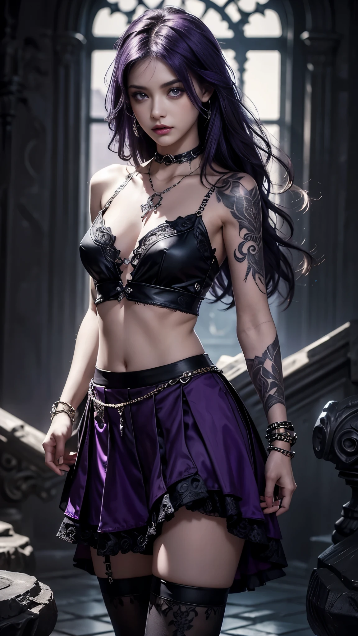 Gothic style photorealistic. 1girl, ((tattoo)), long hair, solo, navel, detailed eyes, jewelry, bracelet, choker, small breasts, looking at viewer, realistic, necklace, ((purple skirt)), bare shoulders, thigh highs, Dark, mysterious, haunting, dramatic, ornate, detailed