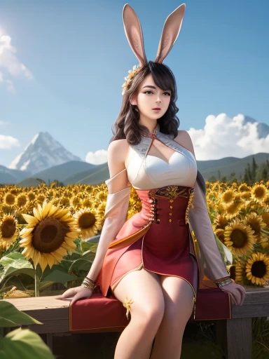 Cockbanny Girl Hair Band)))、(((twintails hairstyle)))、(((Hair that flutters in the wind)))、Photorealsitic、超A high resolution、Convoluted、ultra-detailliert、(dent in the skin)、Cute、Feminine、Detailed body、Medium chest、(A detailed face: 1.1)、(Outline of the iris)、(Hydrocore Lens)、(perfect eyes)、8K、16 K、realisitic、Beautiful fece、(masterpiece: 1.2)、(top-quality:1.2)、wide-hips、slenderbody、Black theme、Optimal ratio of 4 fingers to 1 thumb、actionpose、((Enamel Knee High Boots))、((Enamel Long Gloves)) 、(((maikurobikini)))、(((Bunny girl collar and black bow tie)))、(((Accurately depict limbs))))、NSFW、(((Large sunflower field at sunset)))、(((back lighting)))、2guys