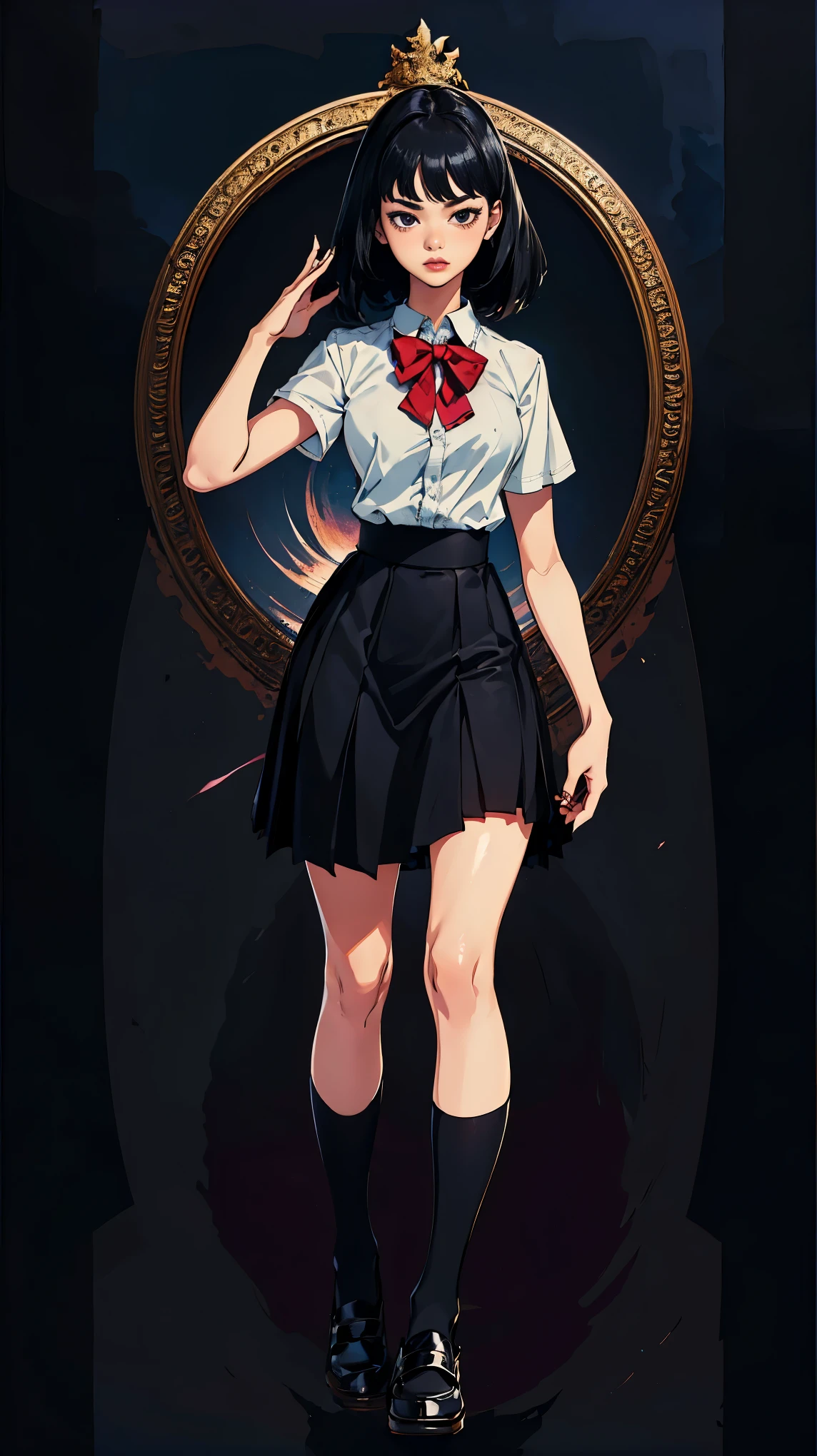 ((highest quality,4K,High resolution,masterpiece:1.2)),((Character Concept Art)), 1 female, Teenage girl, 15 year old asian beauty queen, ((shoulder-length black hair)), Black Hair, (Fair skin color), Very detailed eyes (Black eye color), Innocent, beautiful, , slim body build, ((Intricate details)), Very finely crafted needles, Very finely crafted fingers(((10 fingers))), Wear a white short-sleeved school shirt with a bow tie, Gray school skirt, Knee-length school socks, Black school loafers, (Standing casually), (Full-body showcase), (Show your whole body), (No logos on background), (No logo), ((Plain background)), ((Plain background)), (((Sky Background)))