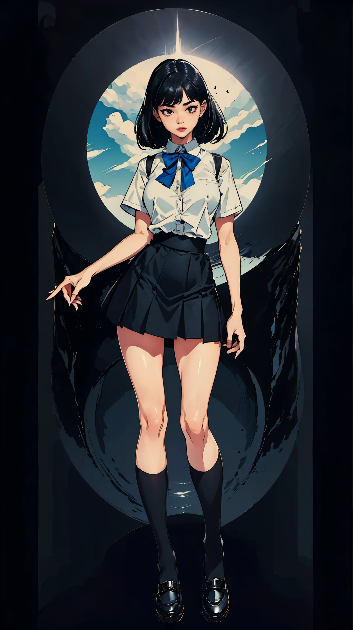 ((highest quality,4K,High resolution,masterpiece:1.2)),((Character Concept Art)), 1 female, Teenage girl, 15 year old asian beauty queen, ((shoulder-length black hair)), Black Hair, (Fair skin color), Very detailed eyes (Black eye color), Innocent, beautiful, , slim body build, ((Intricate details)), Very finely crafted needles, Very finely crafted fingers(((10 fingers))), Wear a white short-sleeved school shirt with a bow tie, Gray school skirt, Knee-length school socks, Black school loafers, (Standing casually), (Full-body showcase), (Show your whole body), (No logos on background), (No logo), ((Plain background)), ((Plain background)), (((Sky Background)))