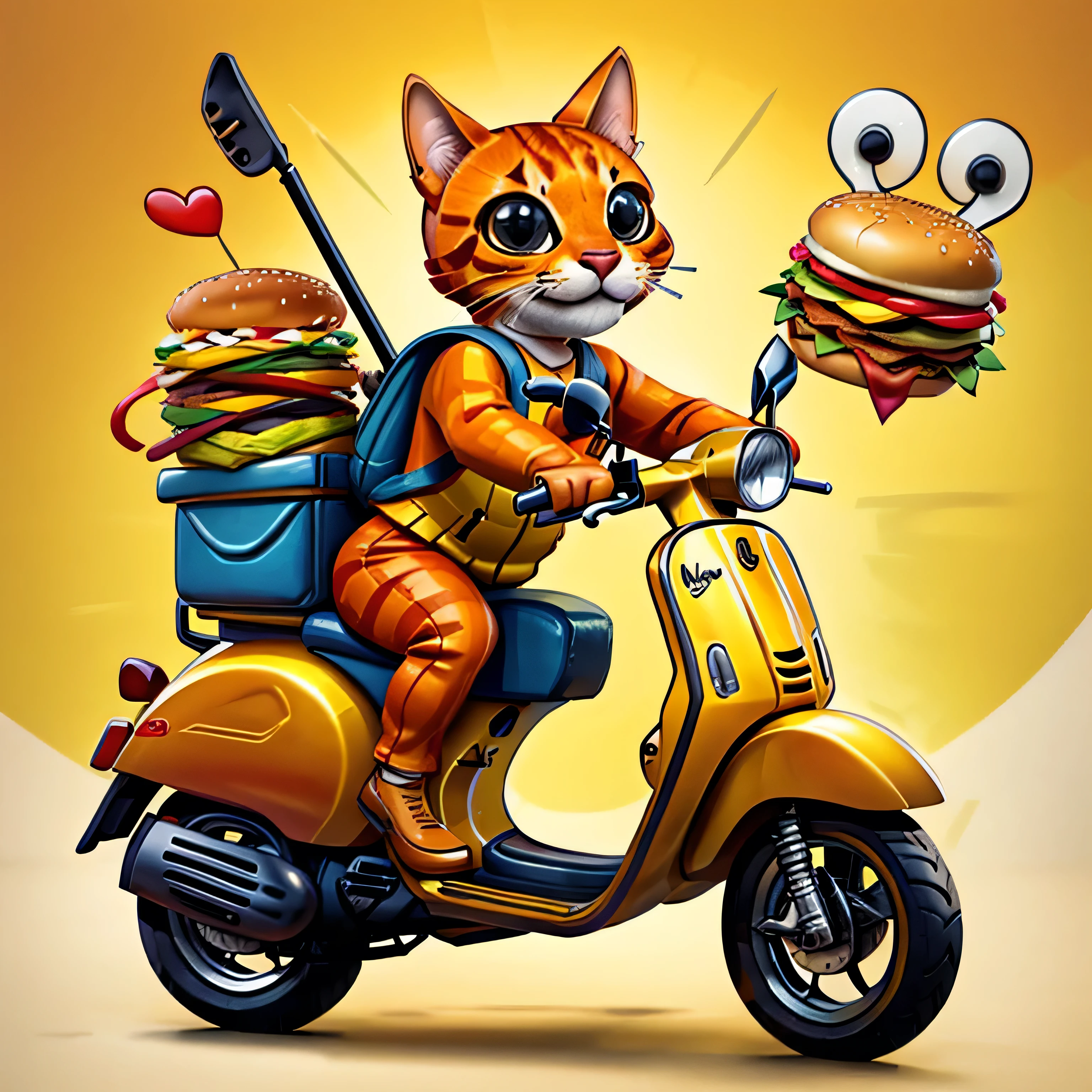 Surreal photo. The chubby orange cat is wearing themed clothes Mcdonald, full of brand elements, showing a unique style, and may be holding burger in its hand, showing the unique charm of the classic brand. sitting on an old Vespa motorbike. yellow background