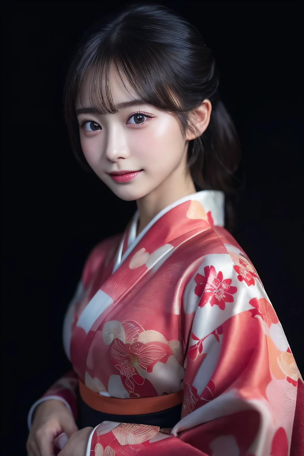 （kimono）、(highest quality、8k、High resolution、masterpiece:1.2)、Very detailed、(Realistic、photoRealistic、photo-Realistic:1.3)、Bokeh、Portraiture、(Natural and detailed eyes、beautiful girl、Young face、Detailed face、No mascara、No makeup)、Backlight:1.2、Professional Lighting、smile