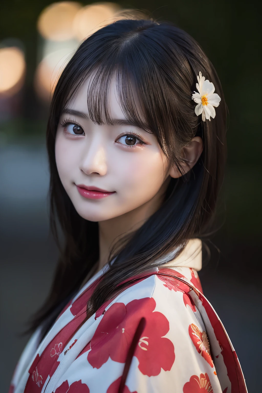 (kimono)、(highest quality、8k、High resolution、masterpiece:1.2)、Very detailed、(Realistic、photoRealistic、photo-Realistic:1.3)、Bokeh、Portraiture、(Natural and detailed eyes、beautiful girl、Young face、Detailed face、No mascara、No makeup)、Backlight:1.5、Professional Lighting、smile