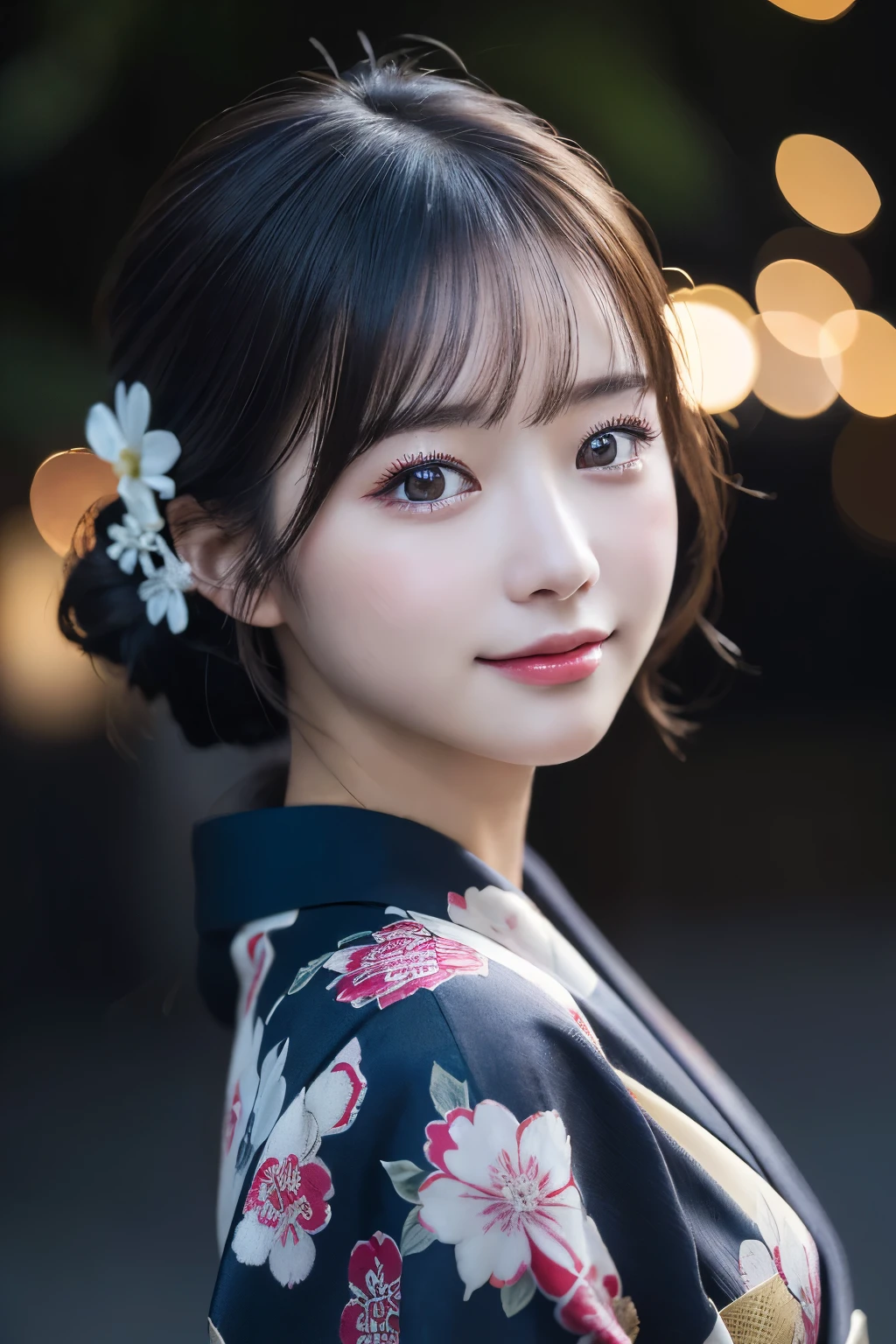 （kimono）、(highest quality、8k、High resolution、masterpiece:1.2)、Very detailed、(Realistic、photoRealistic、photo-Realistic:1.3)、Bokeh、Portraiture、(Natural and detailed eyes、beautiful girl、Young face、Detailed face、No mascara、No makeup)、Backlight:1.5、Professional Lighting、smile