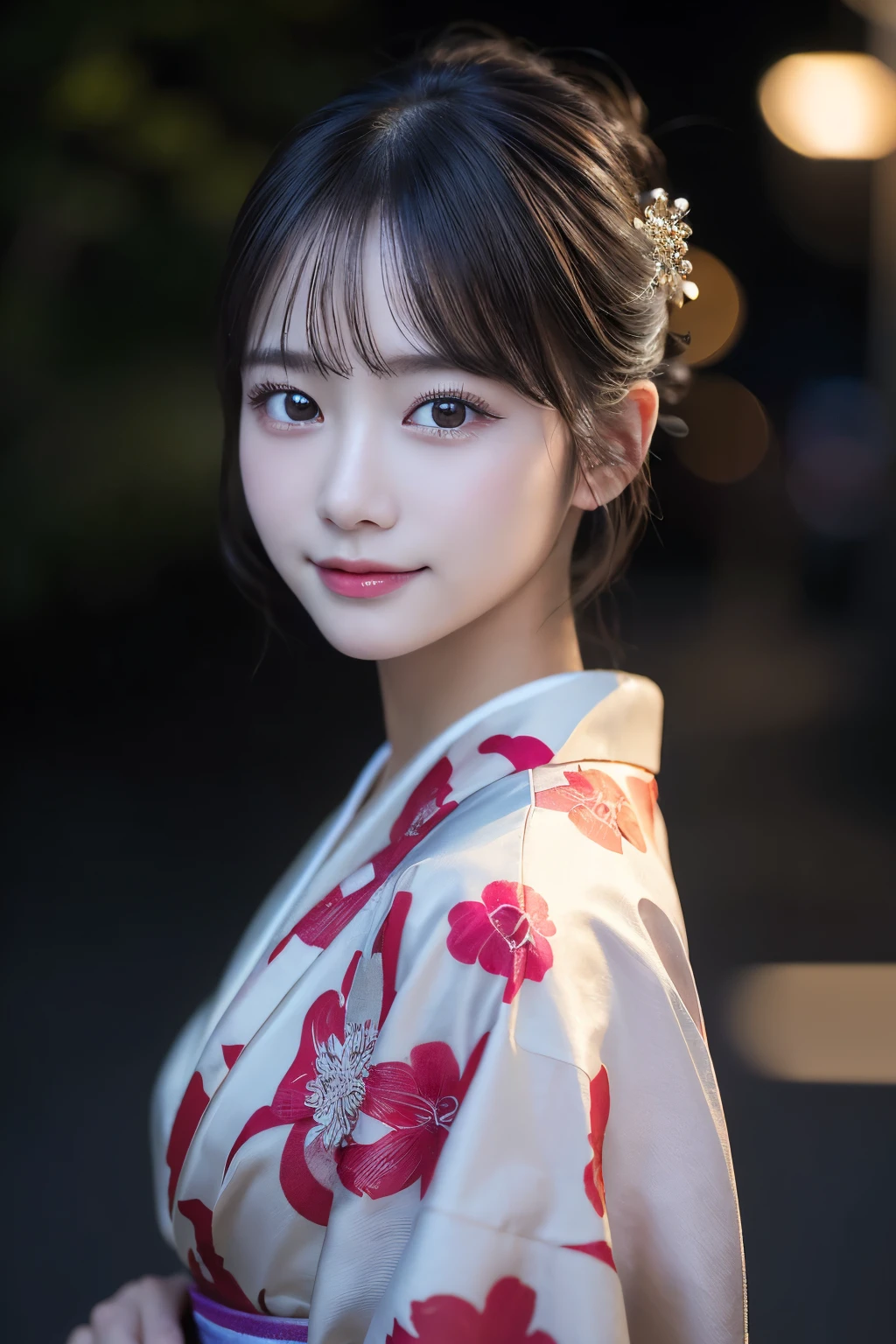（kimono）、(highest quality、8k、High resolution、masterpiece:1.2)、Very detailed、(Realistic、photoRealistic、photo-Realistic:1.3)、Bokeh、Portraiture、(Natural and detailed eyes、beautiful girl、Young face、Detailed face、No mascara、No makeup)、Backlight:1.5、Professional Lighting、smile
