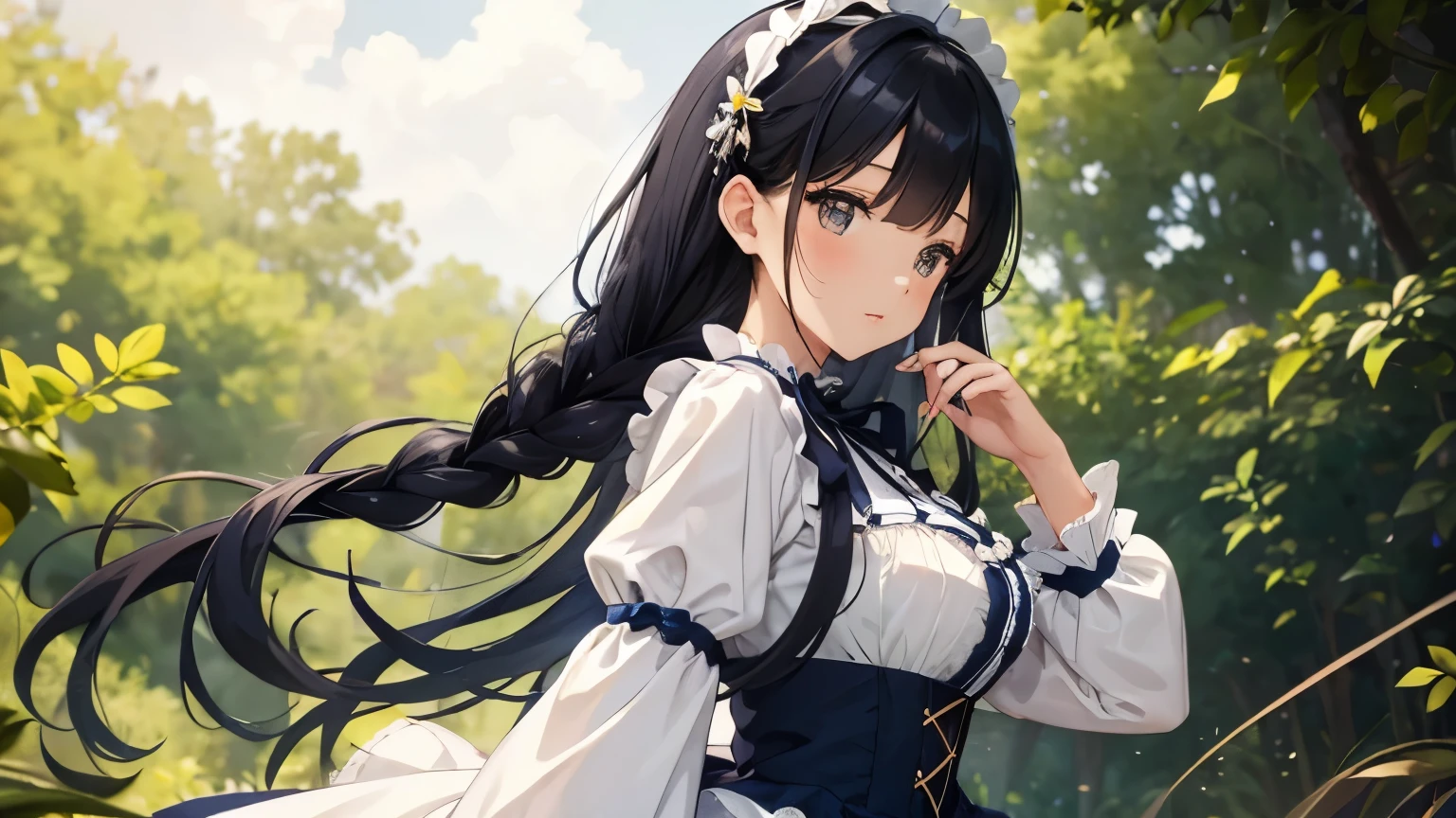 A beautiful woman wearing a navy blue and white sweet ta dress with lots of frills and lace Long sleeve Black hair braid with hair ornament Upper Body