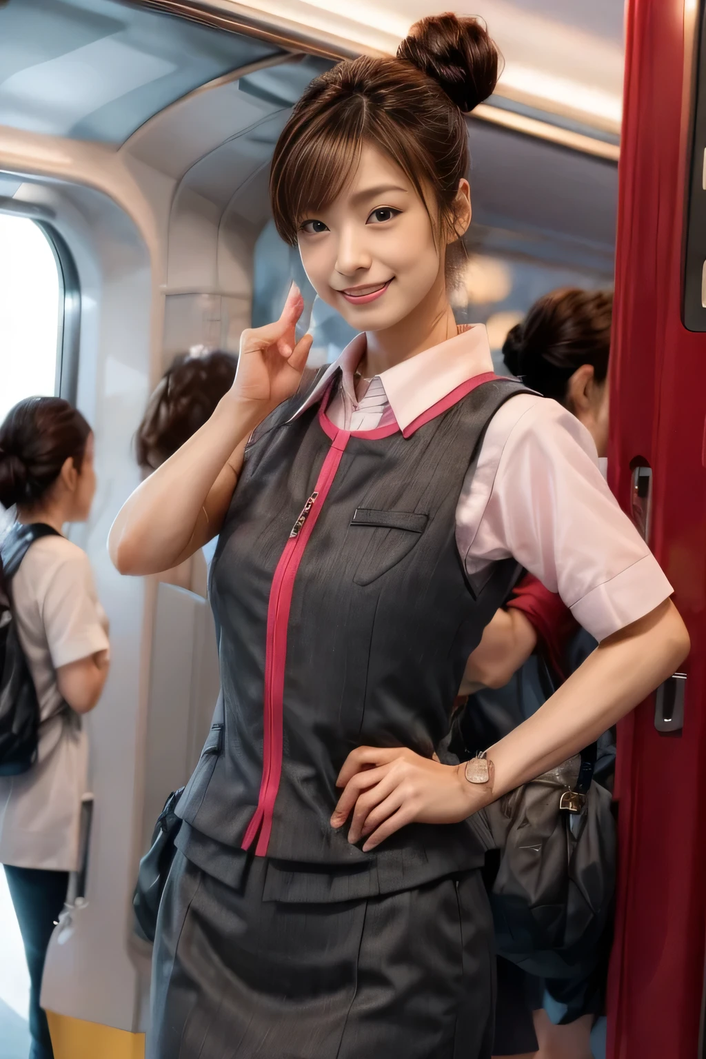 (masterpiece:1.2, highest quality:1.2), 32K HDR, High resolution, (alone、1 girl)、(At the station platform、Professional Lighting)、Background of an empty station platform、(Realistic style of JR Gran Class crew wearing uniform)、Short sleeve blouse、a scarf around the neck、(JR Gran Class flight attendant uniform with pink parts on the skirt sleeves)、(JR Gran Class flight attendant uniform with pink line on front zipper of vest)、Dark brown hair、(Hair tied up、Hair Bun、Hair Bun)、Dark brown hair、Long Shot、Big Breasts、((Great hands:2.0)),((Harmonious body proportions:1.5)),((Normal limbs:2.0)),((Normal finger:2.0)),((Delicate eyes:2.0)),((Normal eyes:2.0)))、Luxury Necklace、smile、Beautiful standing posture,Place your hands around your stomach