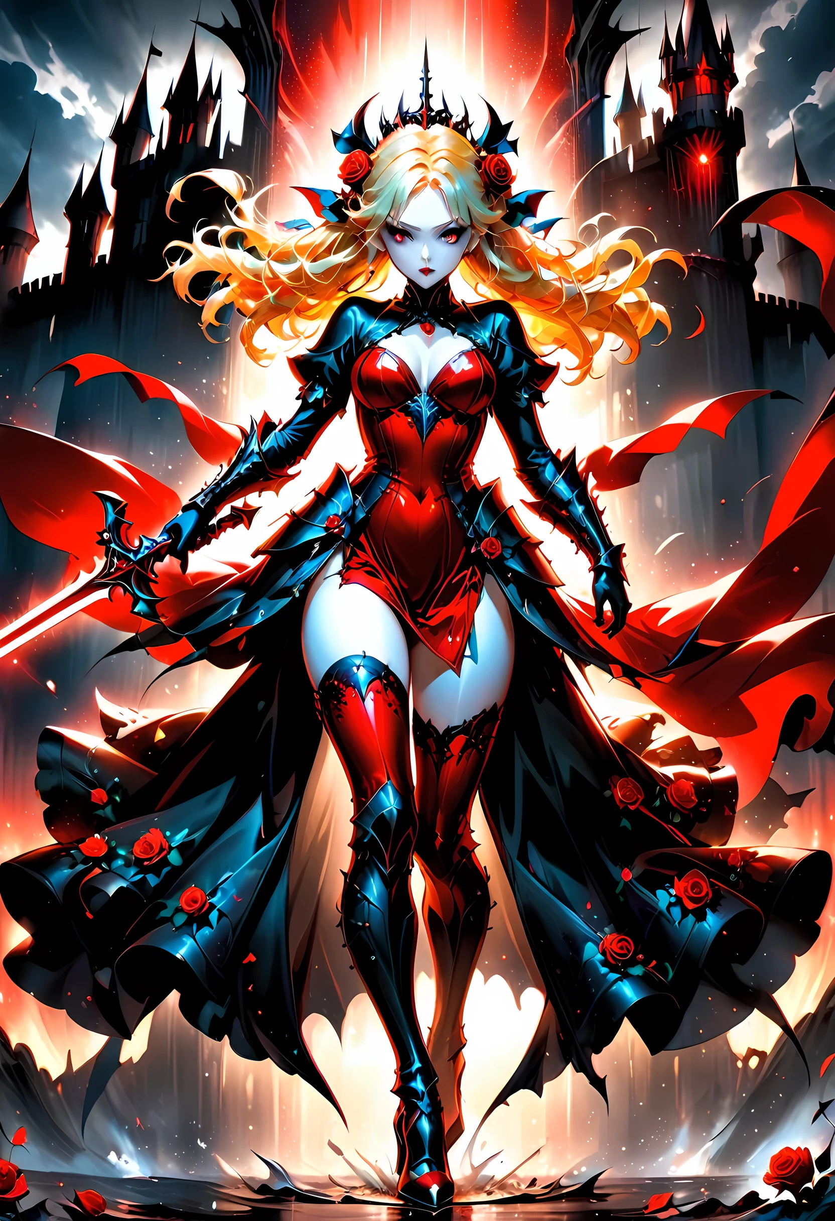 Arafed, action shot, Dark fantasy art, fantasy art, goth art, a picture of a female vampire, exquisite beauty, full body shot, dark glamour shot, pale white skin, blond hair, long hair, wavy hair, (glowing grey: 1.3) eyes, she wears a (red: 1.3) red thigh suit, ArmoredDress, she holds a sword in hand, (ready for battle: 1.4) , the roses are imprinted on the suit (black: 1.4) black roses, high heels, dark castle, dark, black and color, Dark Art Painting Style, flower dress, betmd