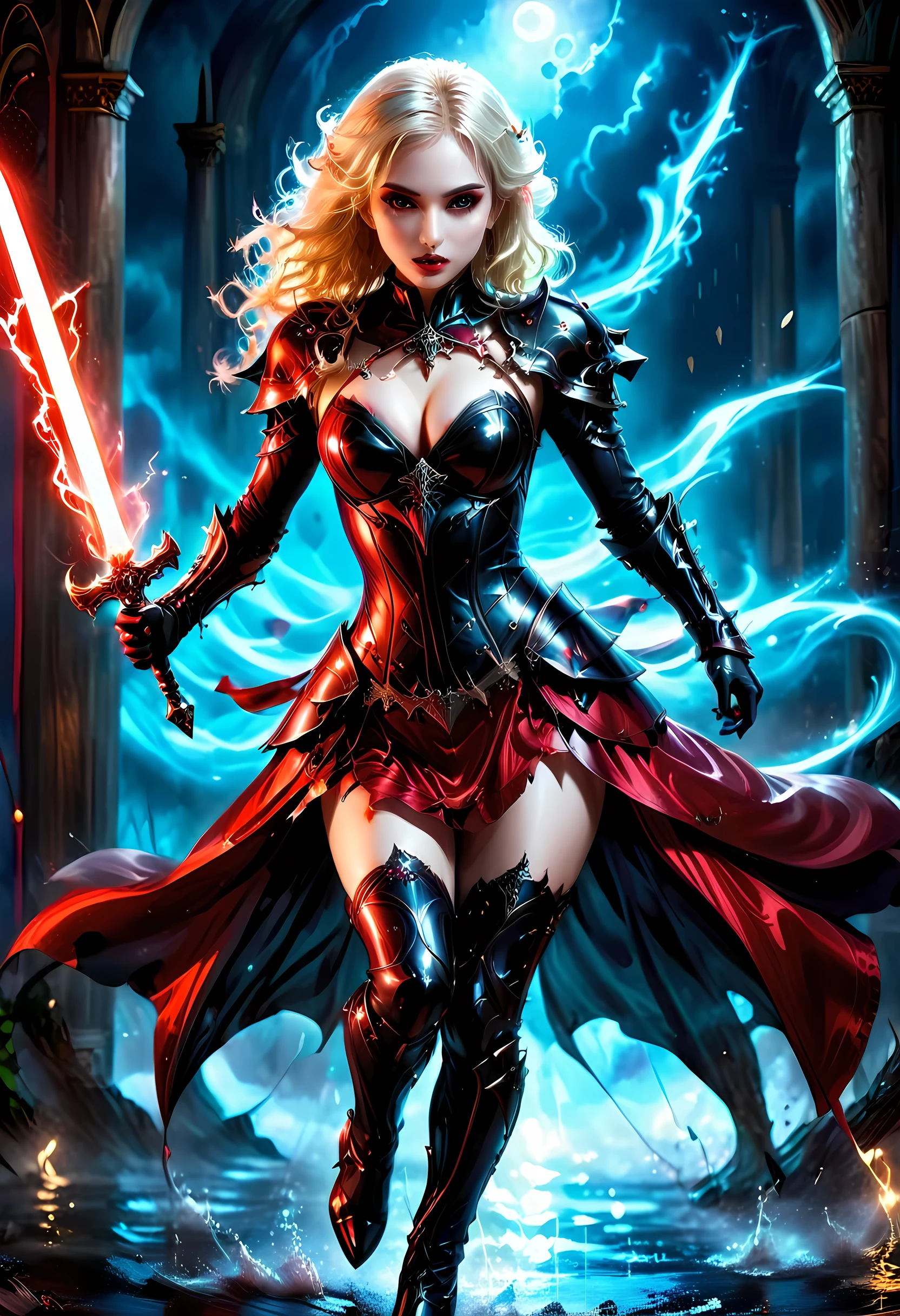 Arafed, action shot, Dark fantasy art, fantasy art, goth art, a picture of a female vampire, exquisite beauty, full body shot, dark glamour shot, pale white skin, blond hair, long hair, wavy hair, (glowing grey: 1.3) eyes, she wears a (red: 1.3) red thigh suit, ArmoredDress, she holds a sword in hand, (ready for battle: 1.4) , the roses are imprinted on the suit (black: 1.4) black roses, high heels, dark castle, dark, black and color, Dark Art Painting Style, flower dress, betmd