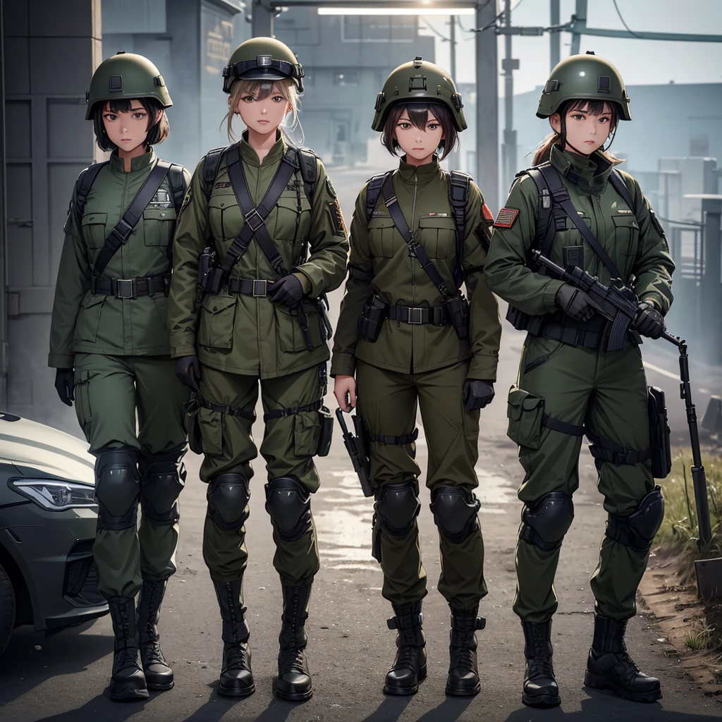 Four female soldiers wearing helmets，Dark green M51 military uniform、military trousers、Tactical harness、Black belt、No pants、The jacket has four pockets、Military rifle in hand，Knee pads，side by side，Look at the thigh，Military base gate，Write details、masterpiece、best quality、Highly detailed CG、8K picture quality、theater lighting、lens flare
