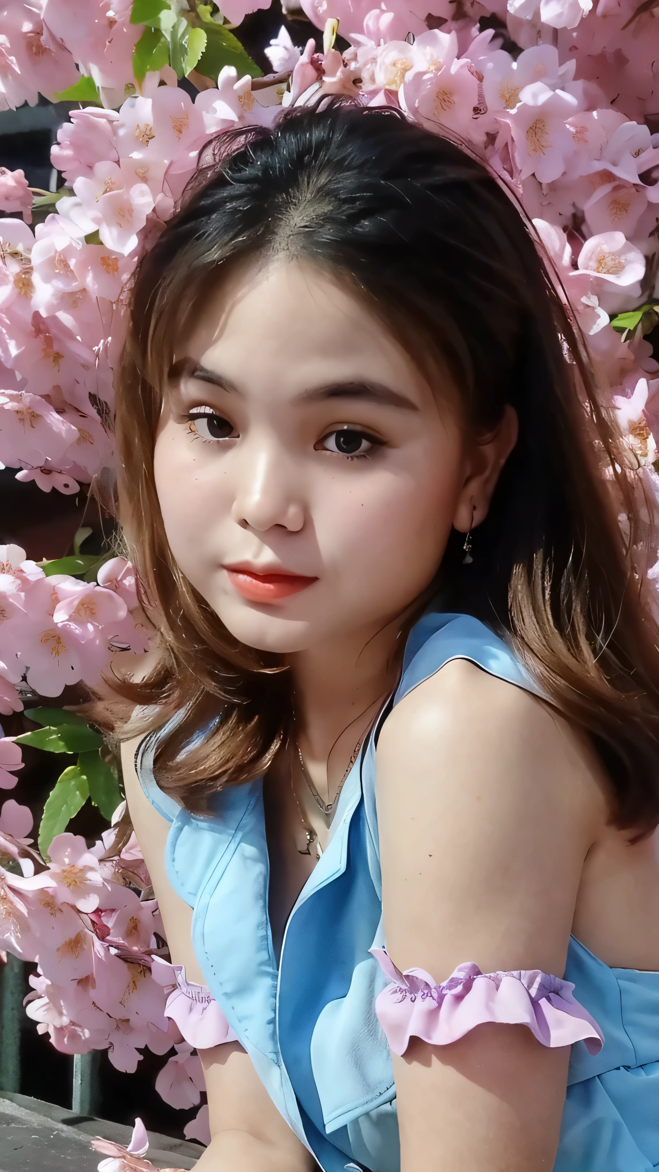 (super highest quality:1.3) (very realistic, Photoreal:1.3), (sharp focus:1.3), (Realistic and very high quality:1.3). (high resolution/High resolution:1.3), very delicate and beautiful, soft light, (brown hair, Shoulder-length straight bob hair sways in the wind), beautiful detailed girl, highly detailed eyes and face, beautifully detailed nose, thin and beautiful eyes, 1 girl, Japanese, Pure beauty, cute, young, (smaller chest), realistic face, realistic body, beautiful thigh, open shirt, mini skirt, cherry blossom background