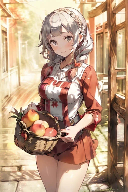 (ukiyoe painting:1.3),(3D Animation:1.3),(Fantasy style costumes),(Grimm fairy tale world),(Little Red Riding Hood,Little Red Riding Hood,red riding hood:1.3),(farmhouse entrance:1.3),(red little red riding hood:1.3),(((Red Tunic:1.3))),(((apples and bread in the basket),Cute and beautiful girl,Cute round face,Cute smile,with blush cheeks,Red Lip,(silver white hair,Floral braided headband,half up、Floral Braided Space Van,Voluminous Fishtail Braids,Twisted chignon,),(Bangs are see-through bangs),hair pin,hair adornments,detailed clothes features,Detailed hair features,detailed facial features,(Dynamic angles),(Dynamic and sexy poses),clothes that emphasize big breasts,Cinematic Light,(masutepiece,top-quality,Ultra-high resolution output image,depth of fields,intricate detailes,Make the subject look three-dimensional with the contrast of light and shadow,) ,(The 8k quality,Anatomically accurate facial structure,),(Sea Art 2 Mode:1.3),(Image Mode Ultra HD,)