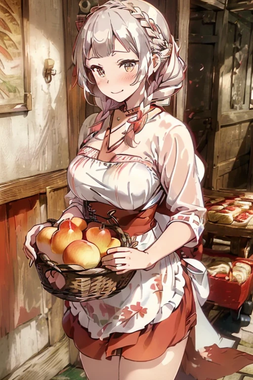 (ukiyoe painting:1.3),(3D Animation:1.3),(Fantasy style costumes),(Grimm fairy tale world),(Little Red Riding Hood,Little Red Riding Hood,red riding hood:1.3),(farmhouse entrance:1.3),(red little red riding hood:1.3),(((Red Tunic:1.3))),(((apples and bread in the basket),Cute and beautiful girl,Cute round face,Cute smile,with blush cheeks,Red Lip,(silver white hair,Floral braided headband,half up、Floral Braided Space Van,Voluminous Fishtail Braids,Twisted chignon,),(Bangs are see-through bangs),hair pin,hair adornments,detailed clothes features,Detailed hair features,detailed facial features,(Dynamic angles),(Dynamic and sexy poses),clothes that emphasize big breasts,Cinematic Light,(masutepiece,top-quality,Ultra-high resolution output image,depth of fields,intricate detailes,Make the subject look three-dimensional with the contrast of light and shadow,) ,(The 8k quality,Anatomically accurate facial structure,),(Sea Art 2 Mode:1.3),(Image Mode Ultra HD,)