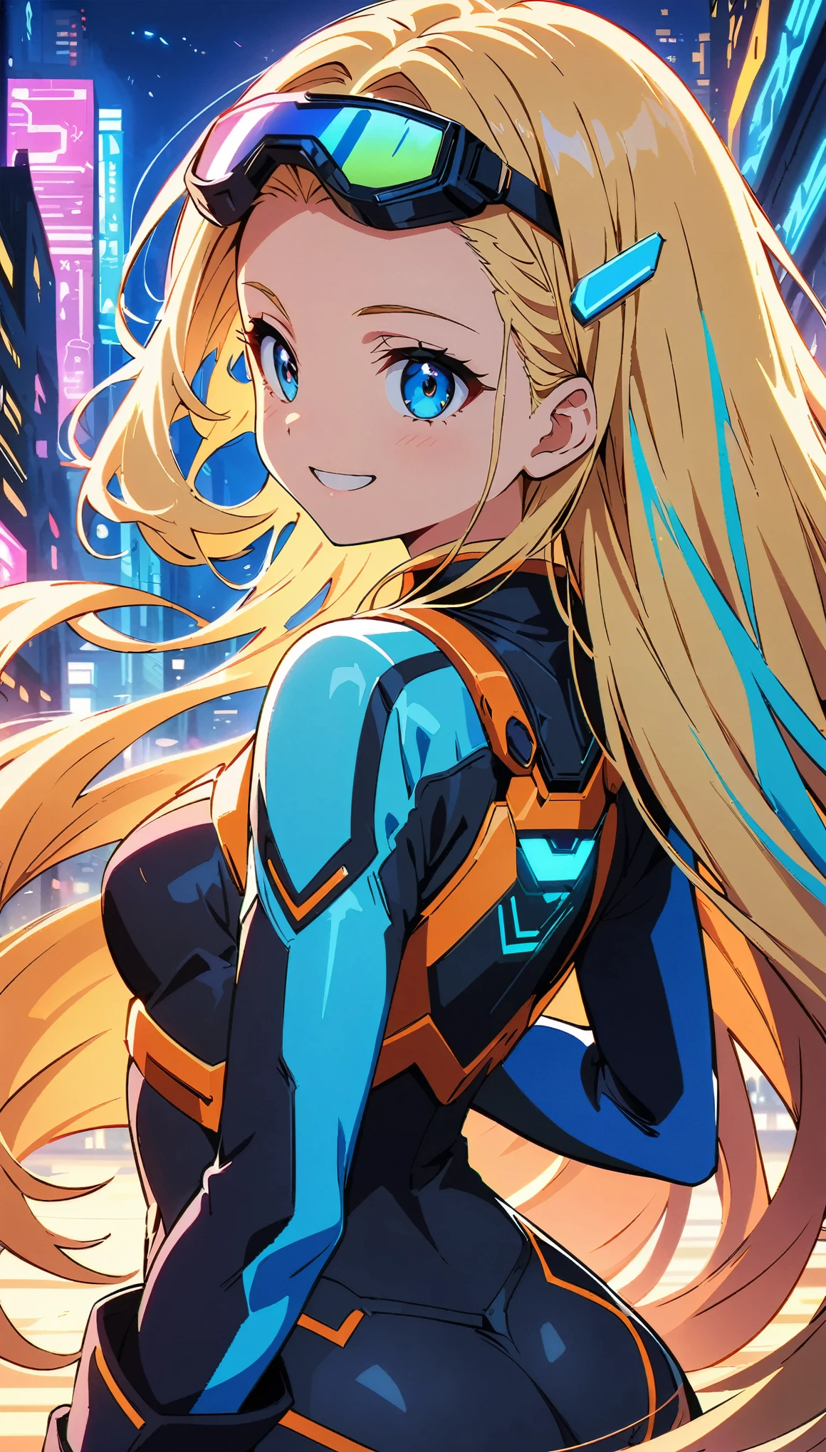 (Anime artwork, Anime Style, Studio Anime, Very detailed, Latest, Vibrant, Anime Coloring, High Contrast, masterpiece:1.2, highest quality, Best aesthetics), Anime girl in cyber bodysuit and goggles in front of a building, ((Digital Cyberpunk - Anime Art)), Cyber , Cyberpunk anime art, Portraiture:Anime Space Cadet, long flowing hair, Eyes of Determination, Powerful strokes, Excited state, Detailed Weapons, strength, Impact, energy, ((Back view, Smiling Over the Shoulder, Laughing with your mouth open, turn around)). 