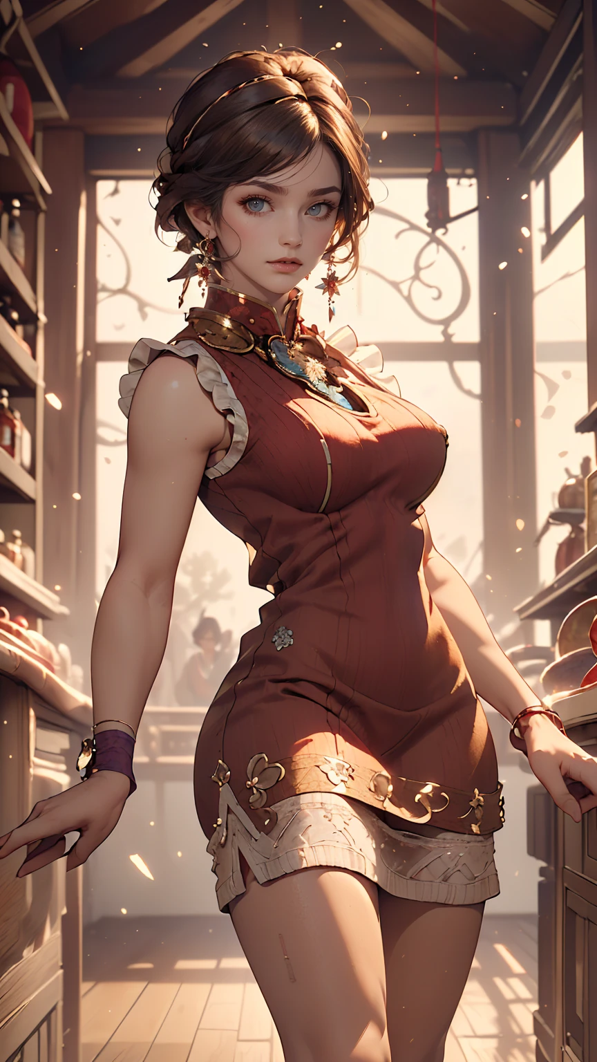 ((((highest quality))))、(((Ultra-precision CG16K wallpaper)))、(((masterpiece)))、(((Very detailed)))、(((Extremely detailed)))、((１29 year old mature woman:1.6))、((とてもbeautiful日本人の顔))、((Zuo々Nozomi:1.5))、((Straight medium hair、Blunt bangs:1.5))、((Shiny brown hair:1.5))、beautiful delicate eyes、Brown eyes、eyeliner、eye shadow、High nose、Small nostrils、Small Mouth、Seductive lips、beautiful breasts、((C cup size breasts))、beautiful feet、eight-headed body、Perfect balance、Perfect Anatomy、Perfect composition、beautiful detailed shading、beautiful, Natural light、beautiful detail glow、Written boundary depth、(((High chroma)))、(((Genuine:1.9)))、((Vivid:1.5))、((beautiful Skin))、((Skin Texture))、((Genuineな皮膚感))、(((Cowboy Shot:1.6)))、((Front view、Shoot from the front、Front Low Angle:1.6))、(((smile:1.5)))、((Women are watching this、View Viewer、Look forward:1.6))、Bright sunlight、Natural light、(((Glass Square、wood:1.3)))、(Walking pose:1.6)、(((Wine red high neck sleeveless ribbed knit dress:1.6)))、((head band、Wear earrings:1.3))、((Knee socks clothing:1.3))、