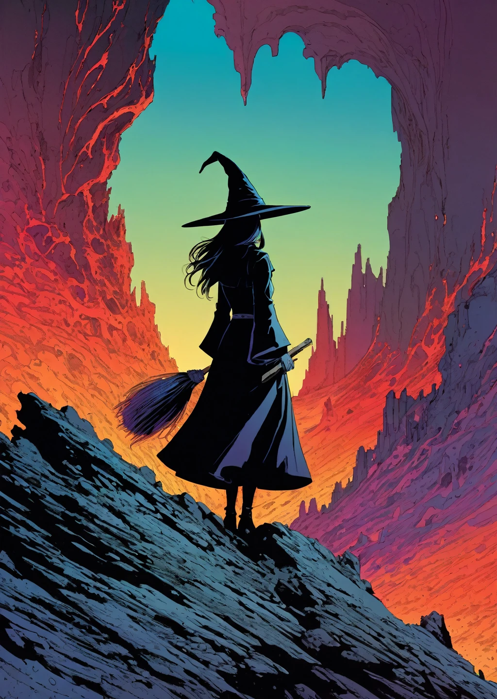 1girl witch , colorful, detailed, gradient shadow, (best quality) hell lava art by Jean Giraud sui ishida