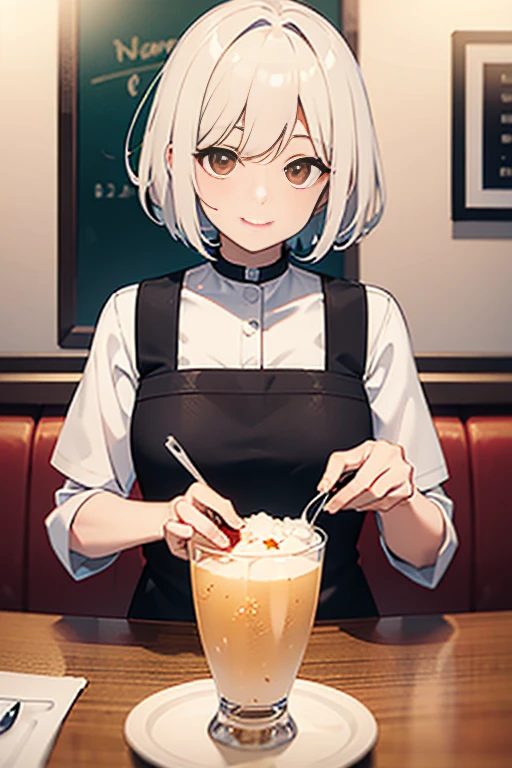 (Best Quality, 4K, masutepiece, nfsw, absurderes), masterpiece, best quality, highres, ddrrm, fisheye, looking at viewer, from below, symbol-shaped pupils, (heart-shaped pupils), short hair, red eyes, small breasts, maid headdress, frills, maid, pink coat, open clothes, sleeves past wrists, black dress, clothing cutout, maid apron, white apron, leg tattoo, sitting, loli, (flat chest), (nipple), (cum),table, (an evil female sits with a scared college girl and forces her to drink cum in mugs and eat toats with cum over), (eating, Scared, shaking:1.2), cumgar,Smelly and yellowish cum in a cup, it stinks and the cup looks very bad, cum string,