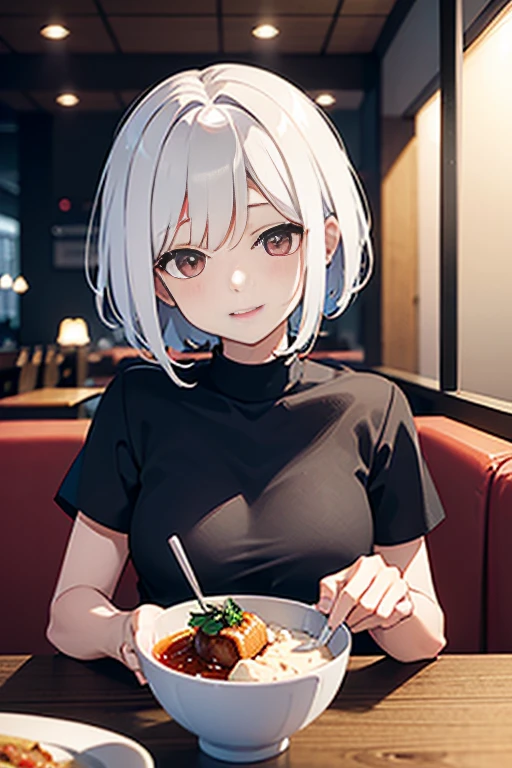 (happy)(white short hair)(red eye)(drinking in restaurant) 4k