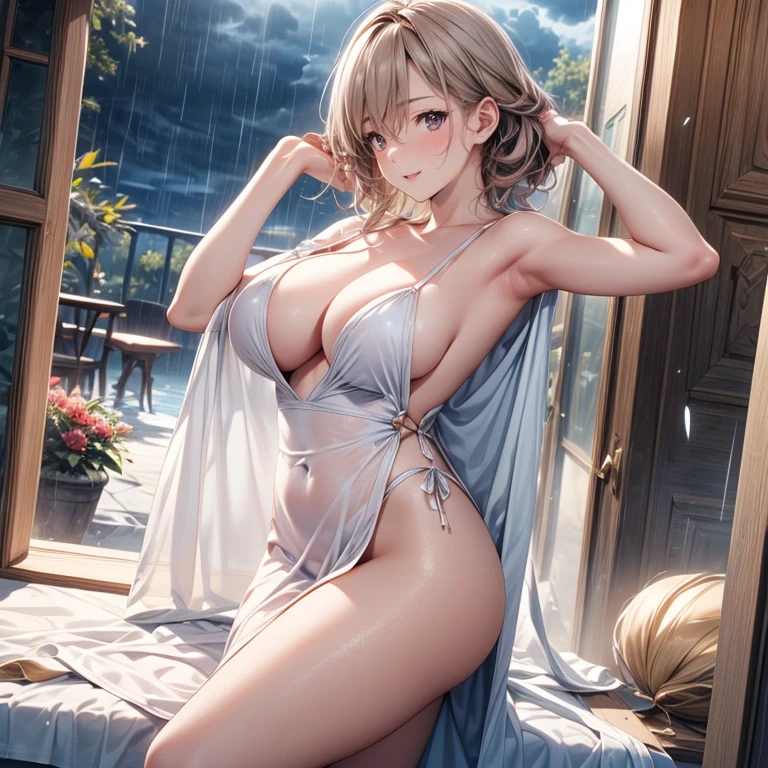 highest quality, Super detailed, (Ultra-high resolution,8K), Ultra-high definition 4K, (Perfect Anatomy, Anatomically correct), (Five Sensual Housewives:1.4), ((Place your hands behind your head., Open the sides)), (Beautiful Eyes), (Detailed eyes), (High-quality facial beauty), (In the Storm:1.2), (Photorealistic), (Detailed big breasts), Soft Skin, Glowing Skin, (Satin slip nightdress), Bright lighting, Very heavy rain, colorful, Goddess-like beauty, Friendly, (Five Sensual Housewives:1.4)