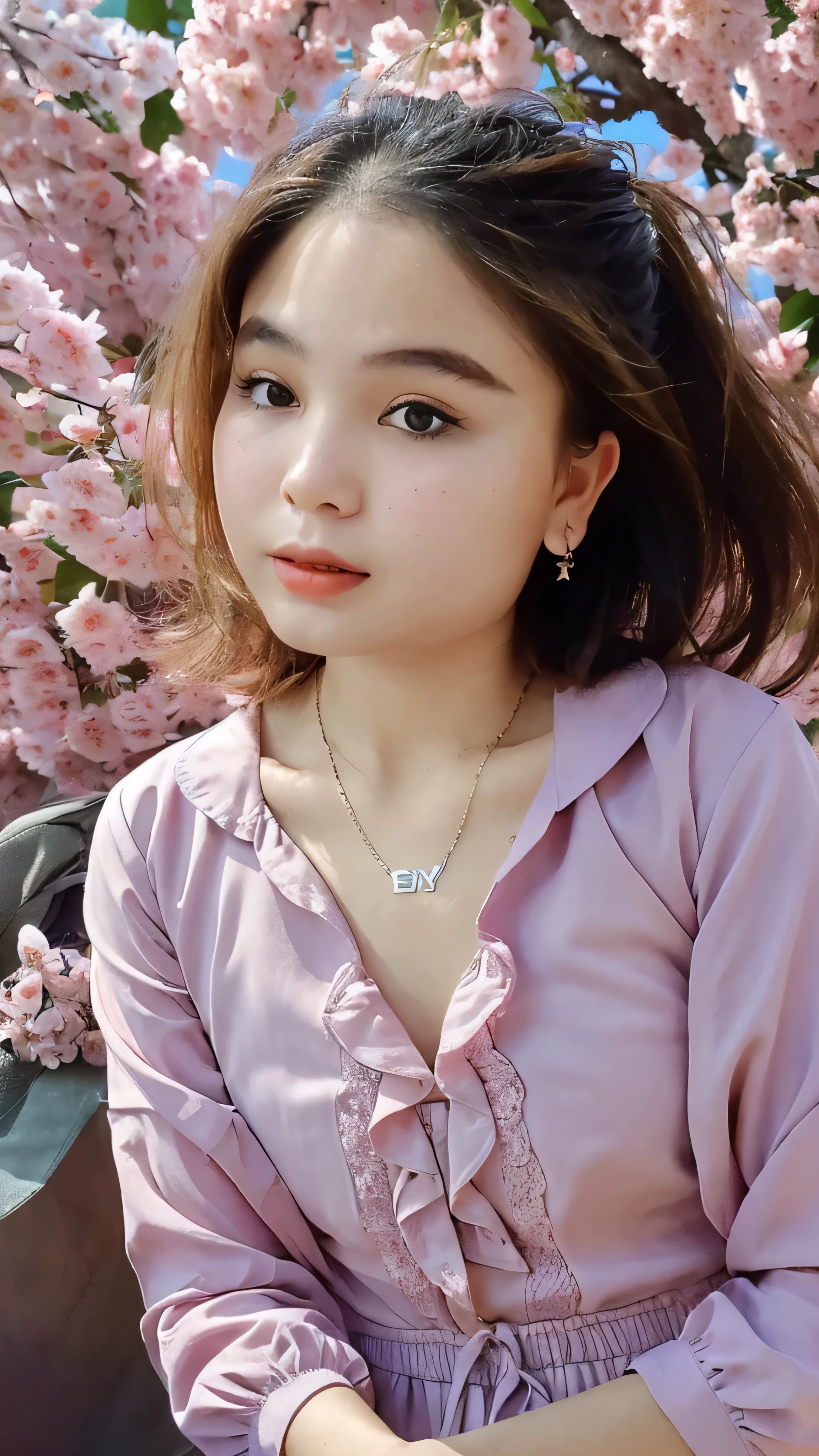 (super highest quality:1.3) (very realistic, Photoreal:1.3), (sharp focus:1.3), (Realistic and very high quality:1.3). (high resolution/High resolution:1.3), very delicate and beautiful, soft light, (brown hair, Shoulder-length straight bob hair sways in the wind), beautiful detailed girl, highly detailed eyes and face, beautifully detailed nose, thin and beautiful eyes, 1 girl, Japanese, Pure beauty, cute, young, (smaller chest), realistic face, realistic body, beautiful thigh, open shirt, mini skirt, cherry blossom background