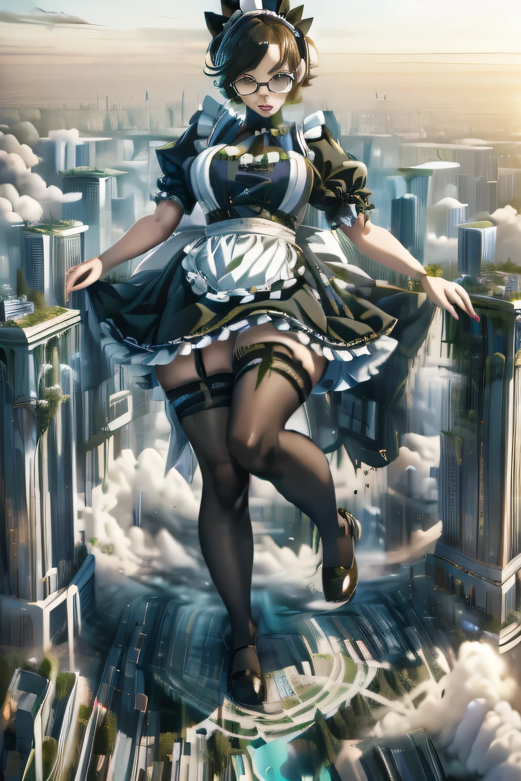 giantess art, highly detailed giantess shots, giantess, Two legs, Five fingers, short hair, A beautiful girl who is bigger than any skyscraper, Wearing rimless glasses, Big Breasts, Big Butt, Maid clothes, Black Pantyhose, black pantyhose, no shoes on, toes visible through pantyhose, Steam coming out from the soles of the feet, A very small big city, Miniature metropolis, Full body description, GTS, giga giantess, stomping city, crash city, tiny city, micro city, pantyhose feet, High resolution, highest quality, masterpiece, Maid, maid,