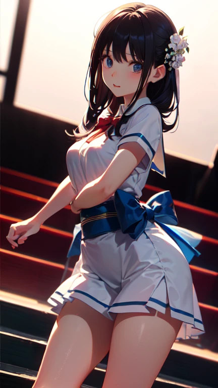 (masterpiece, Highest quality, Absurd, Game CG, figure, Very detailed), One girl, alone, (mayu kuroe), Are standing, Looking back at the audience, Shocked, surprised, School Shirt, Pleated mini skirt, pantyhose, (Lace panties:0.8),Big Breasts、Long black hair