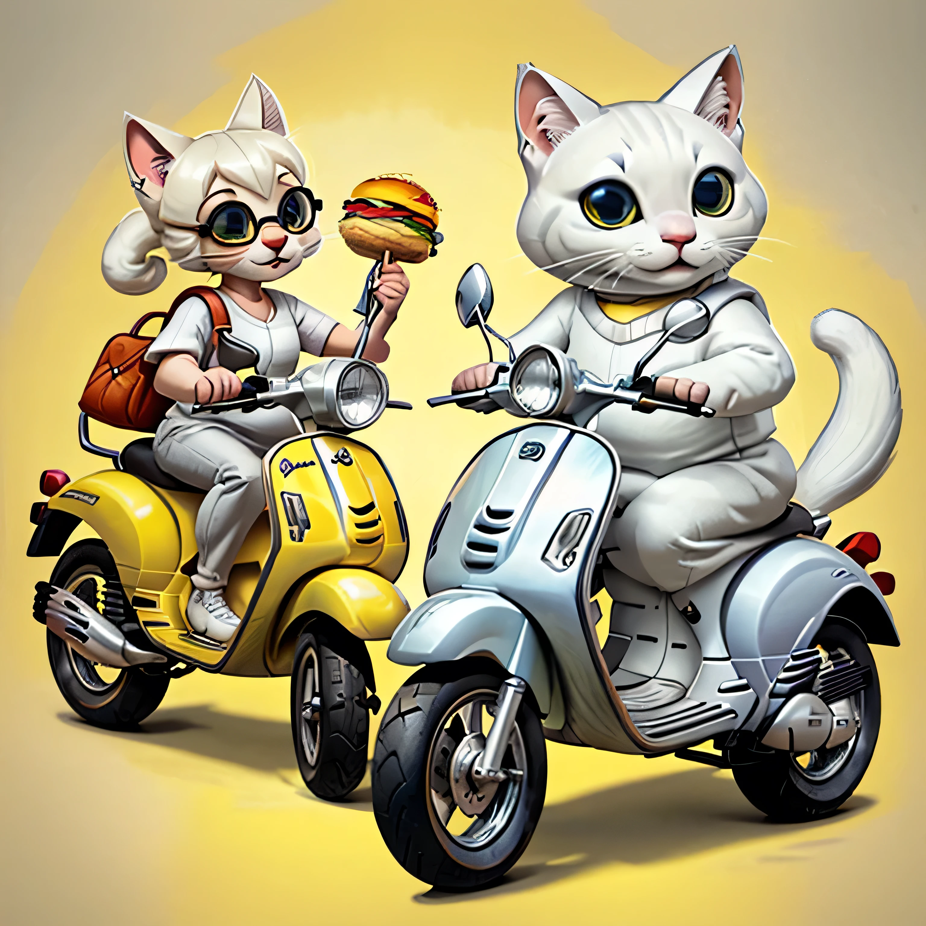 Surreal photo. The chubby white cat is wearing themed clothes Mcdonald, grey tail, a half grey head, full of brand elements, showing a unique style, and may be holding burger in its hand, showing the unique charm of the classic brand. sitting on an old Vespa motorbike. yellow background