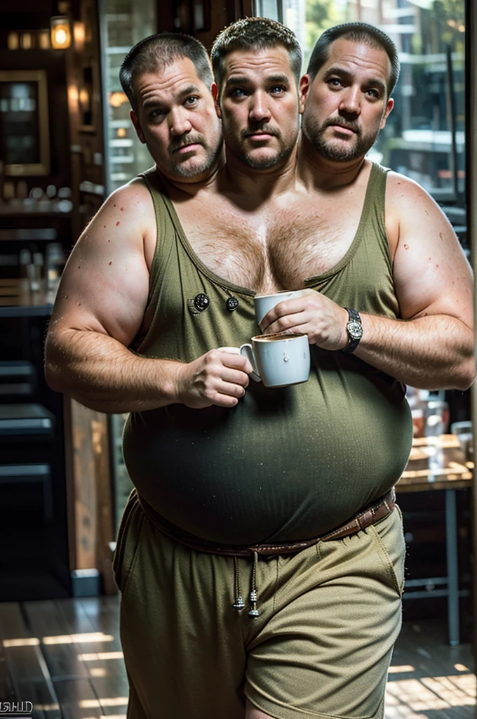 (((2heads))), solo, ((((larry the cable guy)))), middle aged, male, short graying hair, (((obese, overweight, fat, chubby, heavy, dadbod))), ((shirtless, whitey tighties)), epic realistic, hdr, intricate, highly detailed, (depth of field:1.4), faded, (neutral colors:1.2), (hdr:1.4), (muted colors:1.2), hyperdetailed, (artstation:1.4), cinematic, (intricate details:1.1), dark kitchen scenery, (rutkowski:0.66), (intricate details) (skin texture:1.2), detailed expressions, natural pose, walking, holding coffee mug