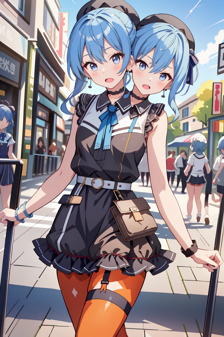 (masterpiece, best quality), best resolution, 16k, (2heads:1.5), close-up, 1girl, solo, HoshimachiSuisei, side ponytail, blue hair ribbon, SuiseiStreet, long hair, half updo, black beret, black dress, collared dress, sleeveless, bow earrings, lace choker, neck ribbon, black belt, orange pantyhose, o-ring thigh strap, single garter strap, ((hand holding a wallet)), ((look around, look at the sky)), surprised, frustrating, walking, open mouth, city, Shopping Street, morning
