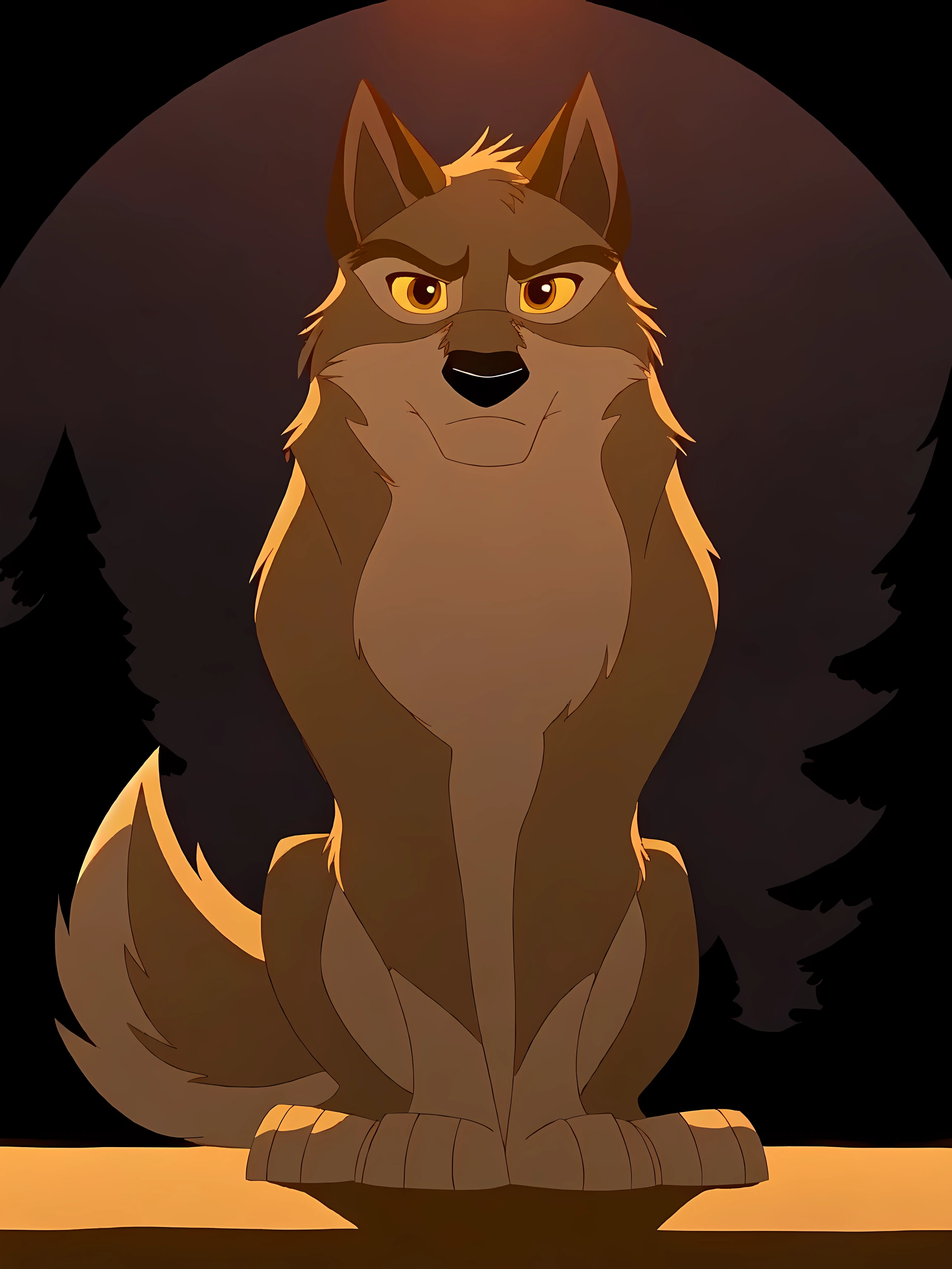 balto, full body, feral, detailed, detailed face, detailed eyes, quadruped, strong chest, biceps, black lineart, black outline, male, masculine, adult, wolf, wolf body, wolf tail, brown iris, yellow sclera, cartoon shading, cel shaded:1.0, strong body, confident, proud, (night background, dark background):1.1, (dramatic lighting, backlight):1.1, sitting, front view, paws