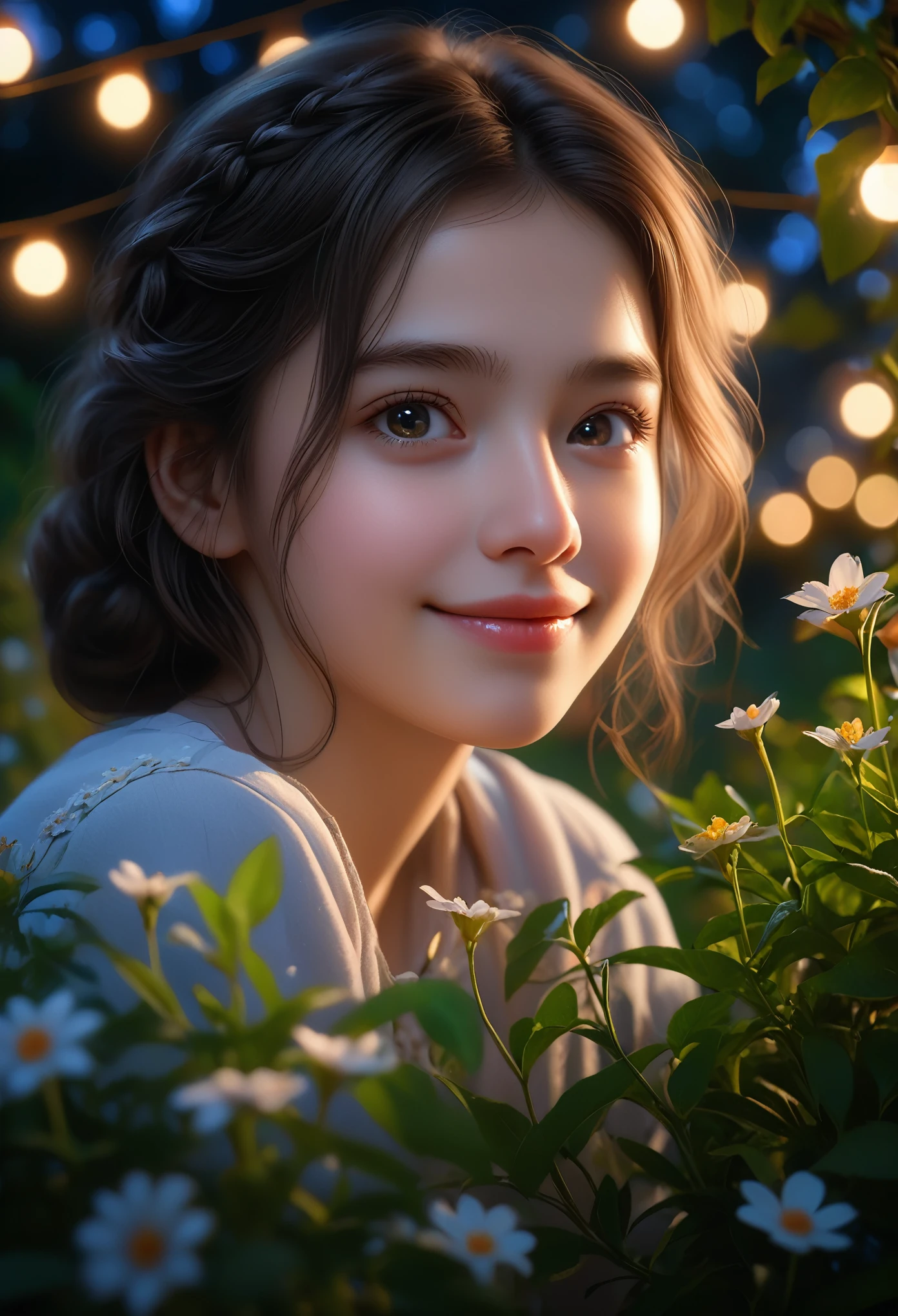 (best quality,4k,8k,highres,masterpiece:1.2),ultra-detailed,(Ultra-realistic, photorealistic,photo-realistic:1.37), a beautiful young girl with a shy smile in a lush garden at night, detailed high resolution 8k photo, detailed background, dutch angle wide shot, detailed girl with beautiful eyes, nose, and lips, detailed flowers, starry night sky, (best quality,4k,8k,highres,masterpiece:1.2),ultra-detailed,(realistic,photorealistic,photo-realistic:1.37),HDR,UHD,studio lighting,ultra-fine painting,sharp focus,physically-based rendering,extreme detail description,professional,vivid colors,bokeh,portrait,photography