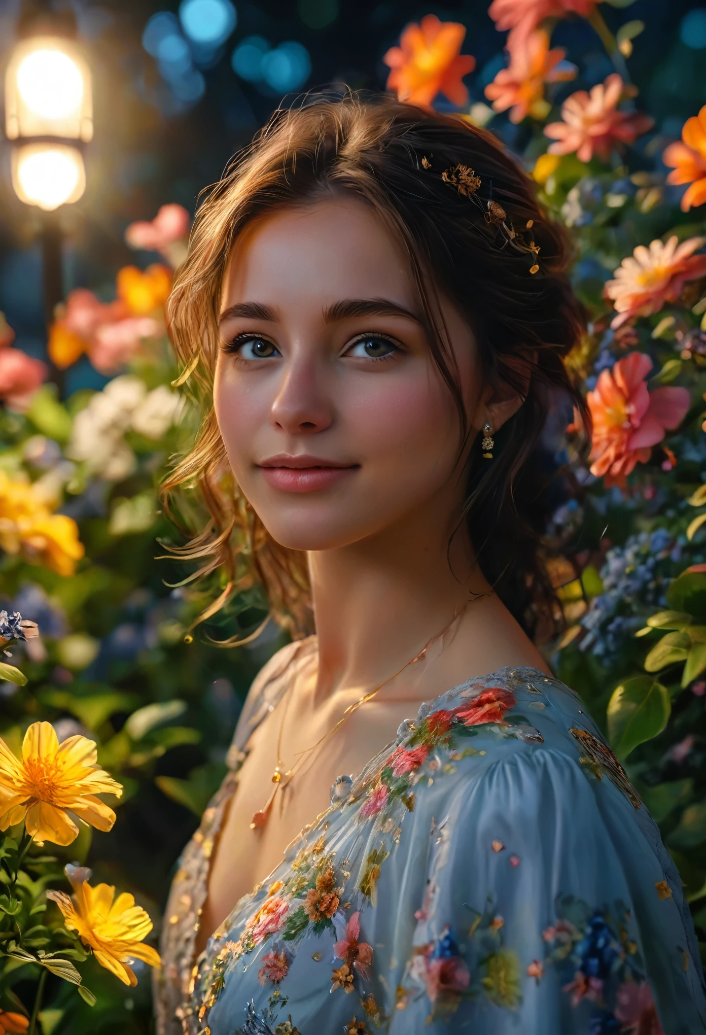 (best quality,4k,8k,highres,masterpiece:1.2),ultra-detailed,(Ultra-realistic, photorealistic,photo-realistic:1.37), a beautiful young girl with a shy smile in a lush garden at night, detailed high resolution 8k photo, detailed background, dutch angle wide shot, detailed girl with beautiful eyes, nose, and lips, detailed flowers, starry night sky, (best quality,4k,8k,highres,masterpiece:1.2),ultra-detailed,(realistic,photorealistic,photo-realistic:1.37),HDR,UHD,studio lighting,ultra-fine painting,sharp focus,physically-based rendering,extreme detail description,professional,vivid colors,bokeh,portrait,photography