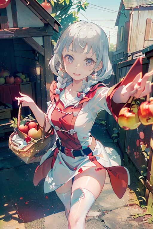 (ukiyoe painting:1.3),(3D Animation:1.3),(Fantasy style costumes),(Grimm fairy tale world),(Little Red Riding Hood,Little Red Riding Hood,red riding hood:1.3),(farmhouse entrance:1.3),(red little red riding hood:1.3),(((Red Tunic:1.3))),(((apples and bread in the basket),Cute and beautiful girl,Cute round face,Cute smile,with blush cheeks,Red Lip,(silver white hair,Floral braided headband,half up、Floral Braided Space Van,Voluminous Fishtail Braids,Twisted chignon,),(Bangs are see-through bangs),hair pin,hair adornments,detailed clothes features,Detailed hair features,detailed facial features,(Dynamic angles),(Dynamic and sexy poses),clothes that emphasize big breasts,Cinematic Light,(masutepiece,top-quality,Ultra-high resolution output image,depth of fields,intricate detailes,Make the subject look three-dimensional with the contrast of light and shadow,) ,(The 8k quality,Anatomically accurate facial structure,),(Sea Art 2 Mode:1.3),(Image Mode Ultra HD,) 