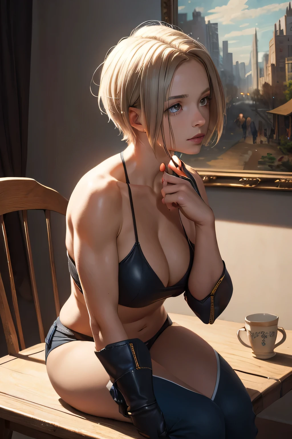 (highest quality,4K,8k,High resolution,masterpiece:1.2),Super detailed,Realistic,Portraiture,Portraiture Home,Skin Texture,Fine Lines,Delicate fingers,An elegant gesture,Warm lighting,Vibrant colors,Subtle shading,Soft Shadows,A sophisticated look,Impressionist style, Pause,Subtle tone,Exquisite detail,Beautiful brushwork,Glowing Skin,A gentle touch,Artistic lighting,sublime work of art,creative works,Vivid depiction,Craftsmanship with attention to detail,Rich color palette,emotional expression,Perfect balance,Artistic interpretation,Realistic texture,Dreamy atmosphere,Striking realism,Huge muscles