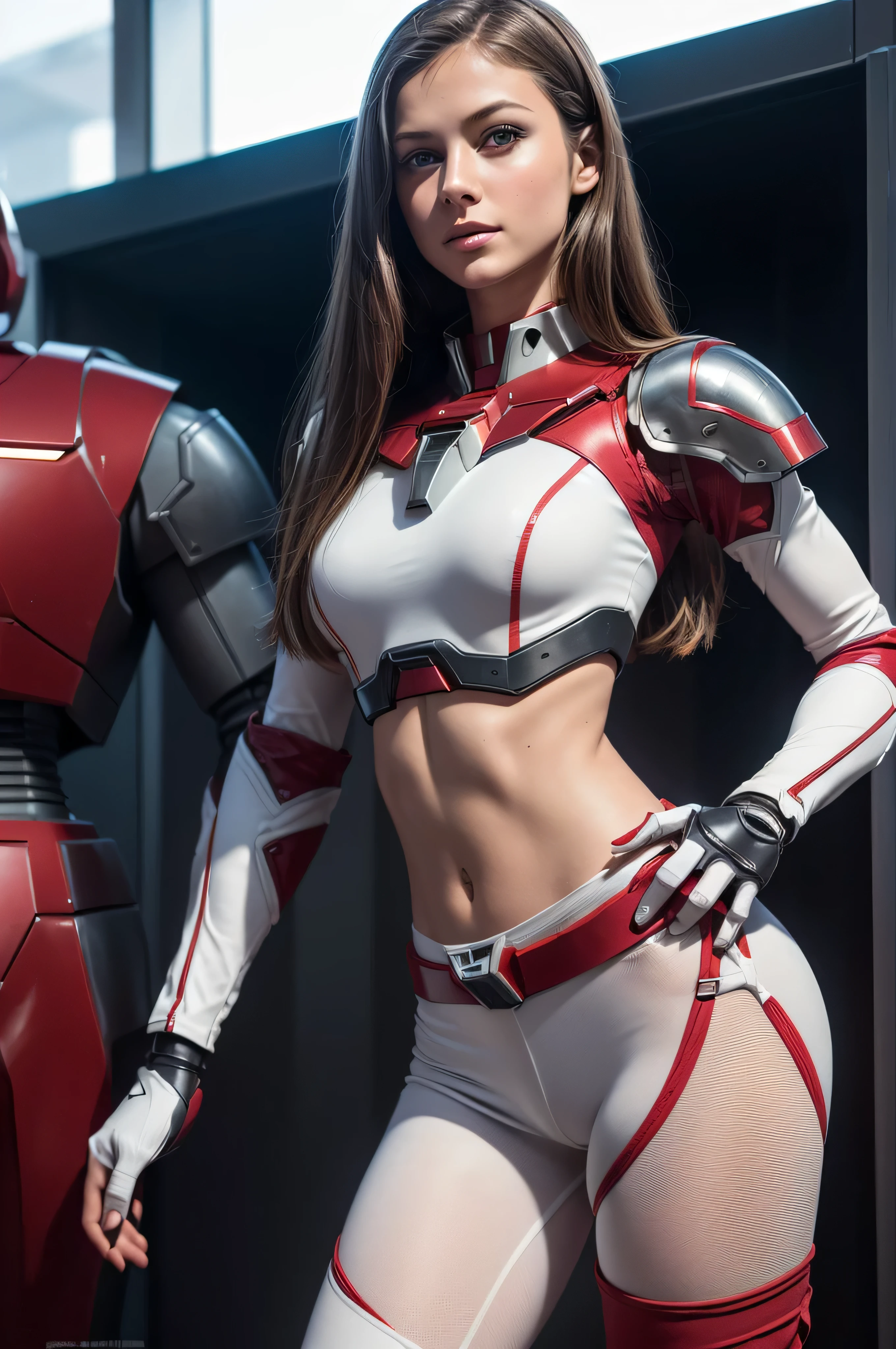 ((masterpiece, 8K, 3D, Realistic, Super Detail)), (1girl:1.3), slender 16 age, Ultra Micro photography, Melissa Benoist Super realistic, Perfect face, 16K resolution, 4k resolution, The photo was taken from the Front, facing to the photographer, Foreground photo, dynamic lighting, high-definition resolution, Beautiful features, ((Perfect female Model Slim body)) Beautiful features, Standing pose, ((small hip)), (((2 piece Red armor iron Short pants))), Sci-fi futuristic, ((Gundam armor)) ((bionic Fragmented White chest armor suit)), ((Exposed slim thighs)), wear mesh metal-stockings, ((slim thighs)), ((bionic Red thighs Steel armor)), Front Full body Shot, full body portrait, perfect legs, shoes, futuristic city background
