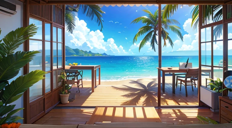 Wooden desk on a beautiful seaside balcony、An open laptop on a desk、Mug、Notes and papers scattered around、Relaxed working environment、Colorful flowers around、green、The sea in the background、Palm trees are visible、A landscape with depth、Fantasy worldview、