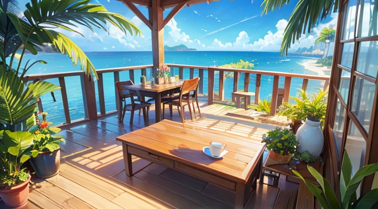 Wooden desk on a beautiful seaside balcony、An open laptop on a desk、Mug、Notes and papers scattered around、Relaxed working environment、Colorful flowers around、green、The sea in the background、Palm trees are visible、A landscape with depth、Fantasy worldview、