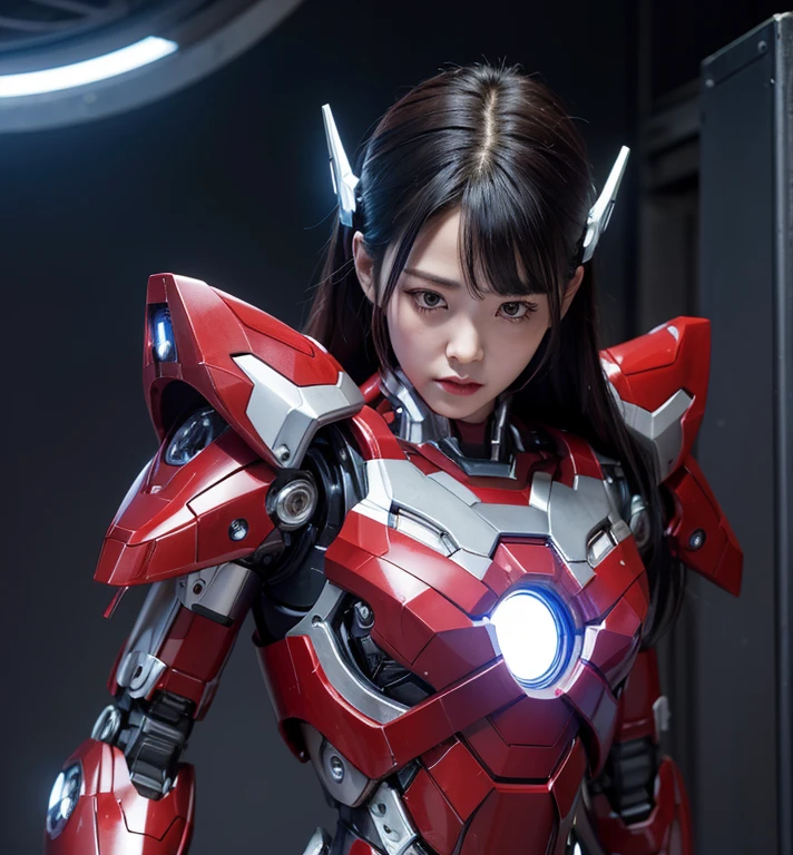 Textured skin, Super Detail, high details, High quality, Best Quality, hight resolution, 1080p, hard disk, Beautiful,(Iron Girl),beautiful cyborg woman,Mecha Cyborg Girl,Battle Mode,Girl with a Mecha Body,She wears an Iron Man mech,A powerful cyborg woman, sleek and futuristic, with advanced mechanical augmentations that enhance her strength and capabilities