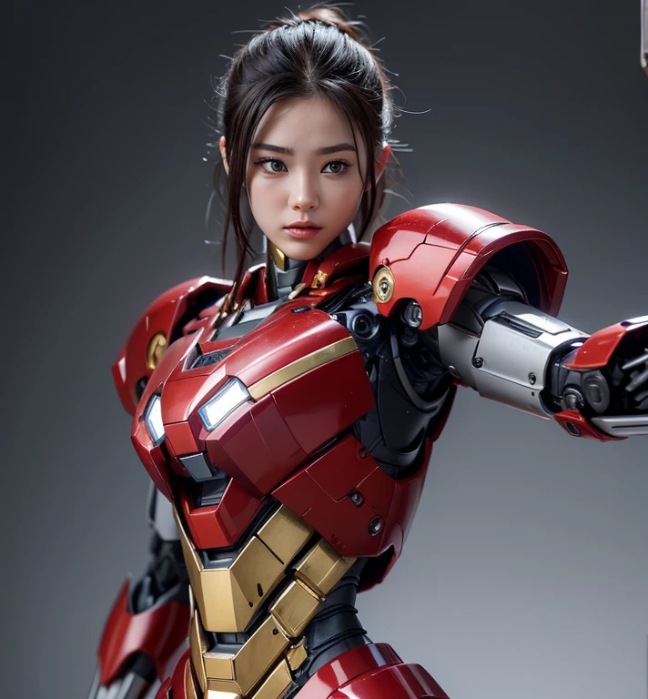 Textured skin, Super Detail, high details, High quality, Best Quality, hight resolution, 1080p, hard disk, Beautiful,(Iron Girl),beautiful cyborg woman,Mecha Cyborg Girl,Battle Mode,Girl with a Mecha Body,She wears an Iron Man mech,A powerful cyborg woman, sleek and futuristic, with advanced mechanical augmentations that enhance her strength and capabilities