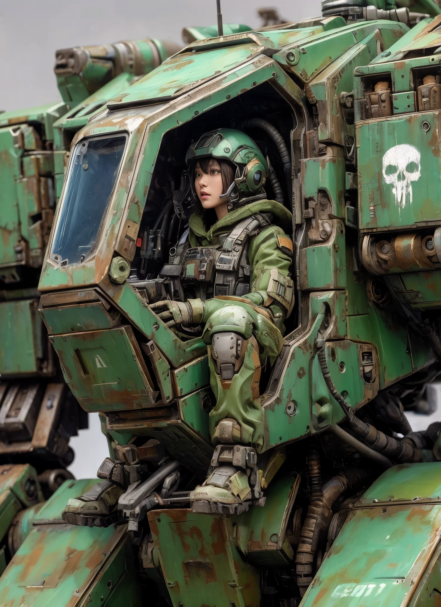 
８ｋ,Realistic Skin Texture、Superrealism、Realistic Photo、Near-future軍所属の日系女性パイロットが大型ロボットの腹部に設置されたコックピットに乗っている、Damaged moss green battle armor robot、Skull mark painted on armor、Near-future、Painting of the unit and identification number、Peeling paint、Oil stains、Detailed Description、Dynamic pose、Armored Core