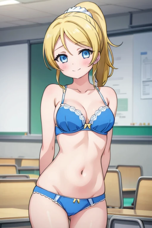 1girl, ayase eli,blonde hair, solo,blue bra,blue panties, blue eyes,classroom, navel, smile, ponytail, white scrunchie, breasts, looking at viewer, blush, arms behind back,medium breasts,closed mouth,pussy