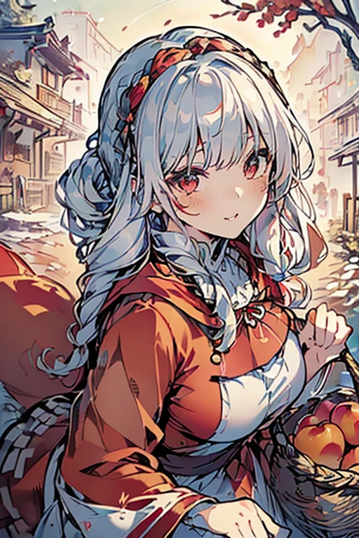 (ukiyoe painting:1.3),(3D Animation:1.3),(Fantasy style costumes),(Grimm fairy tale world),(Little Red Riding Hood,Little Red Riding Hood,red riding hood:1.3),(farmhouse entrance:1.3),(red little red riding hood:1.3),(((Red Tunic:1.3))),(((apples and bread in the basket),Cute and beautiful girl,Cute round face,Cute smile,with blush cheeks,Red Lip,(silver white hair,Floral braided headband,half up、Floral Braided Space Van,Voluminous Fishtail Braids,Twisted chignon,),(Bangs are see-through bangs),hair pin,hair adornments,detailed clothes features,Detailed hair features,detailed facial features,(Dynamic angles),(Dynamic and sexy poses),clothes that emphasize big breasts,Cinematic Light,(masutepiece,top-quality,Ultra-high resolution output image,depth of fields,intricate detailes,Make the subject look three-dimensional with the contrast of light and shadow,) ,(The 8k quality,Anatomically accurate facial structure,),(Sea Art 2 Mode:1.3),(Image Mode Ultra HD,)