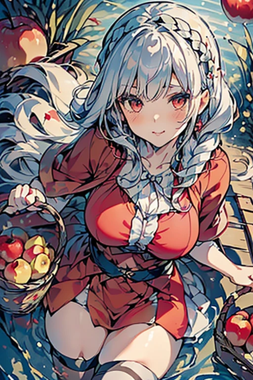 (ukiyoe painting:1.3),(3D Animation:1.3),(Fantasy style costumes),(Grimm fairy tale world),(Little Red Riding Hood,Little Red Riding Hood,red riding hood:1.3),(farmhouse entrance:1.3),(red little red riding hood:1.3),(((Red Tunic:1.3))),(((apples and bread in the basket),Cute and beautiful girl,Cute round face,Cute smile,with blush cheeks,Red Lip,(silver white hair,Floral braided headband,half up、Floral Braided Space Van,Voluminous Fishtail Braids,Twisted chignon,),(Bangs are see-through bangs),hair pin,hair adornments,detailed clothes features,Detailed hair features,detailed facial features,(Dynamic angles),(Dynamic and sexy poses),clothes that emphasize big breasts,Cinematic Light,(masutepiece,top-quality,Ultra-high resolution output image,depth of fields,intricate detailes,Make the subject look three-dimensional with the contrast of light and shadow,) ,(The 8k quality,Anatomically accurate facial structure,),(Sea Art 2 Mode:1.3),(Image Mode Ultra HD,)