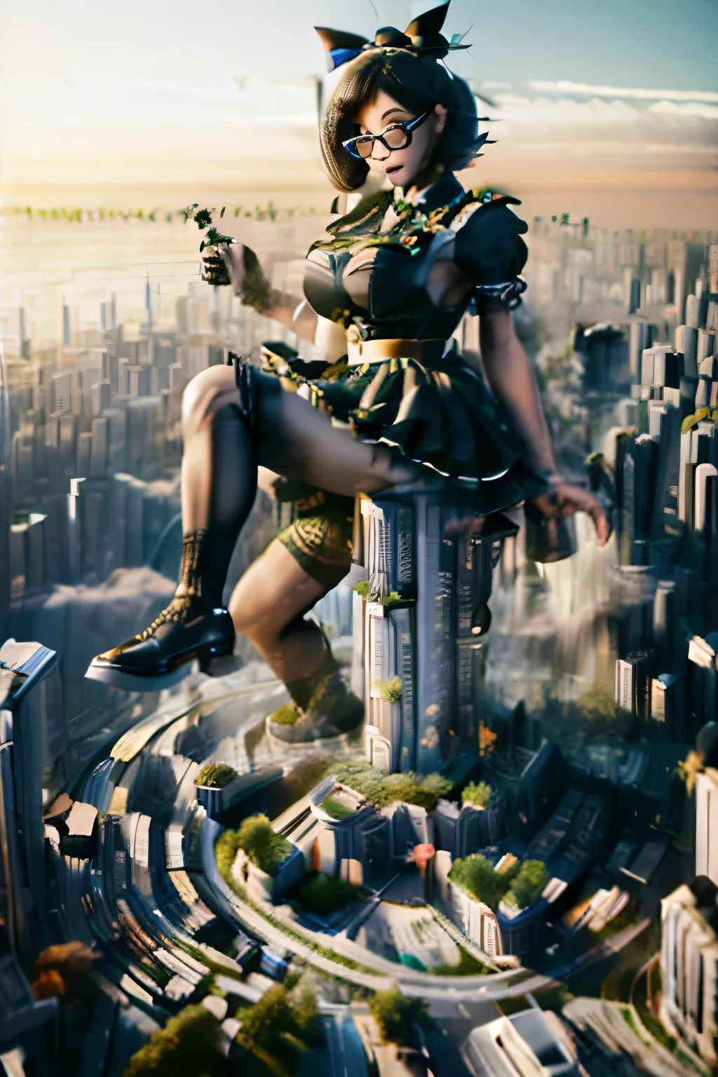 giantess art, highly detailed giantess shots, giantess, Two legs, Five fingers, short hair, A beautiful girl who is bigger than any skyscraper, Wearing rimless glasses, Big Breasts, Big Butt, Maid clothes, Black Pantyhose, black pantyhose, no shoes on, toes visible through pantyhose, no shoes on, Steam coming out from the soles of the feet, A very small big city, Miniature metropolis, Full body description, GTS, giga giantess, stomping city, crash city, tiny city, micro city, pantyhose feet, High resolution, highest quality, masterpiece, Maid, maid,
