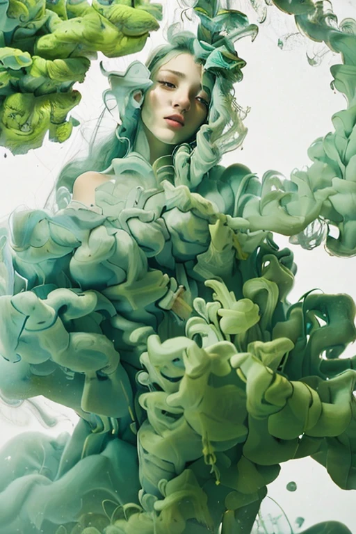 (masterpiece, top quality, best quality, official art, beautiful and aesthetic:1.2), photorealistic, ultra highres, UHD, NSFW,
(1girl:1.2), stars in the eyes, smoke surrounds the girl, white clothes, (full_shot:1.2), (light green theme:1.2), curly hair, long hair, flowers, (enchanted forest background:1.2), smoke,