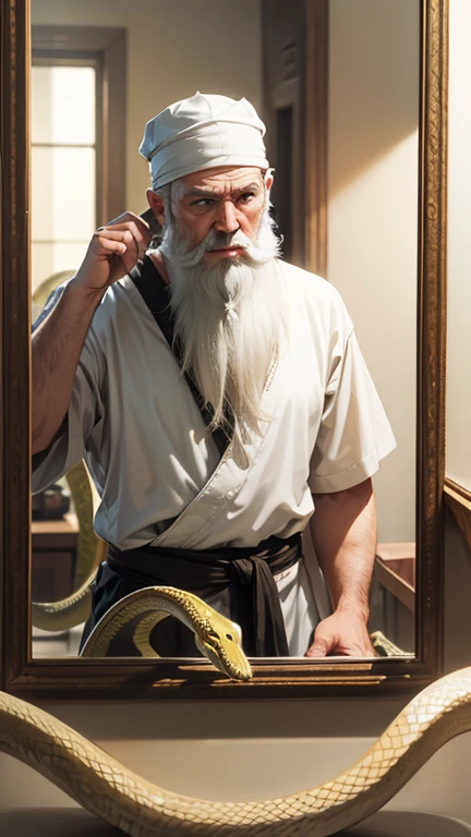 Pharisee with white beard looking in the mirror, instead of the Pharisee you see a snake 