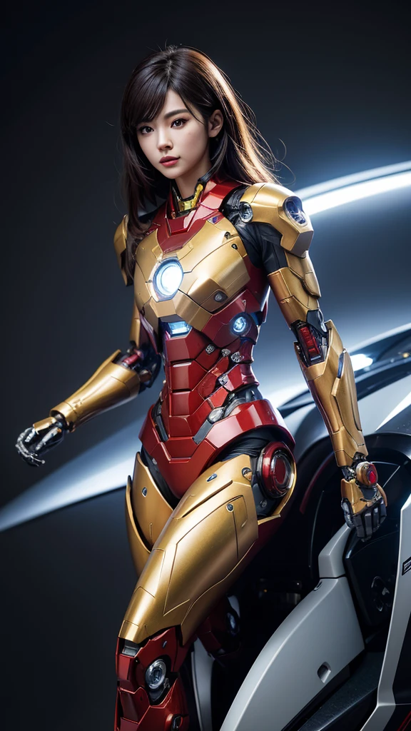 Textured skin, Super Detail, high details, High quality, Best Quality, hight resolution, 1080p, hard disk, Beautiful,(Iron Girl),beautiful cyborg woman,Mecha Cyborg Girl,Battle Mode,Girl with a Mecha Body,She wears an Iron Man mech,A powerful cyborg woman, sleek and futuristic, with advanced mechanical augmentations that enhance her strength and capabilities