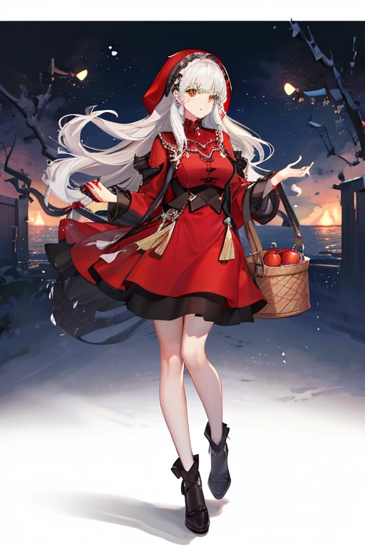 (ukiyoe painting:1.3),(3D Animation:1.3),(Fantasy style costumes),(Grimm fairy tale world),(Little Red Riding Hood,Little Red Riding Hood,red riding hood:1.3),(farmhouse entrance:1.3),(red little red riding hood:1.3),(((Red Tunic:1.3))),(((apples and bread in the basket),Cute and beautiful girl,Cute round face,Cute smile,with blush cheeks,Red Lip,(silver white hair,Floral braided headband,half up、Floral Braided Space Van,Voluminous Fishtail Braids,Twisted chignon,),(Bangs are see-through bangs),hair pin,hair adornments,detailed clothes features,Detailed hair features,detailed facial features,(Dynamic angles),(Dynamic and sexy poses),clothes that emphasize big breasts,Cinematic Light,(masutepiece,top-quality,Ultra-high resolution output image,depth of fields,intricate detailes,Make the subject look three-dimensional with the contrast of light and shadow,) ,(The 8k quality,Anatomically accurate facial structure,),(Sea Art 2 Mode:1.3),(Image Mode Ultra HD,)