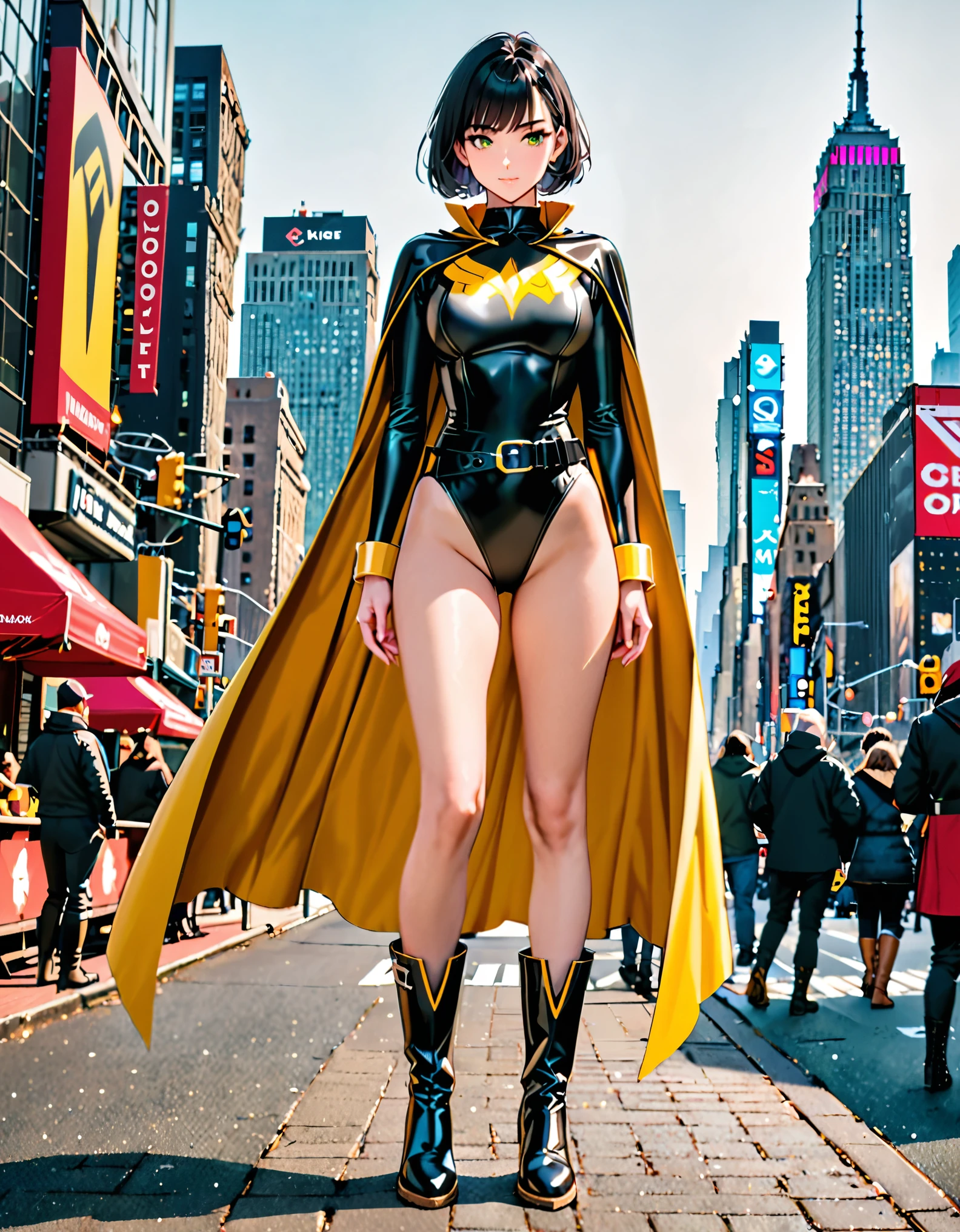 (masterpiece), (best quality), (high res), 1lady, tall body, beautiful detailed eyes, beautiful detailed face, perfect hands, complete fingers, perfect anatomy, perfect proportions, ((black hair, short hair, bob hair)), ((green eyes)), ((leotard, black leotard, matching leotard, bare legs)), ((boots, matching boots, knee-high boots, black boots)), breasts, medium breasts, (full body portrait), looking at viewer, solo, solo focus, standing, one hand on hip, cowboy shot, new york backdrop, (belt, tight belt), (black sleeves, yellow cuffs), (yellow hawk (symbol) on chest), (medium cape, jet black cape), full body costume design.