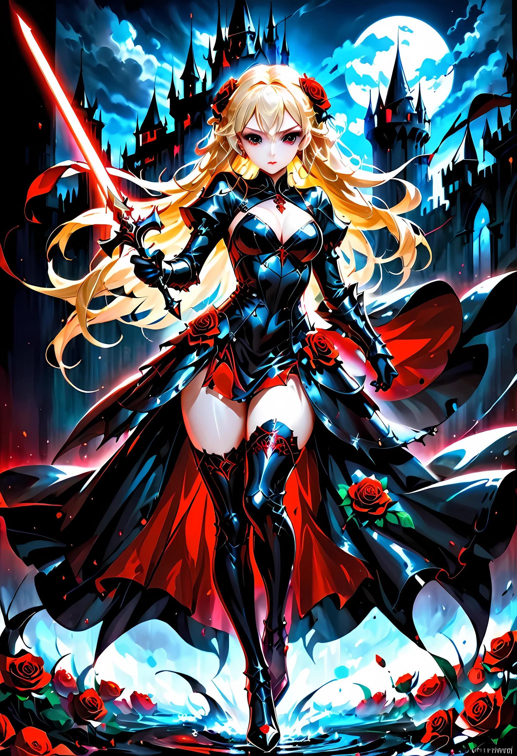 Arafed, action shot, Dark fantasy art, fantasy art, goth art, a picture of a female vampire, exquisite beauty, full body shot, dark glamour shot, pale white skin, blond hair, long hair, wavy hair, (glowing grey: 1.3) eyes, she wears a (red: 1.3) red thigh suit, ArmoredDress, she holds a sword in hand, (ready for battle: 1.4) , the roses are imprinted on the suit (black: 1.4) black roses, high heels, dark castle, dark, black and color, Dark Art Painting Style, flower dress, betmd